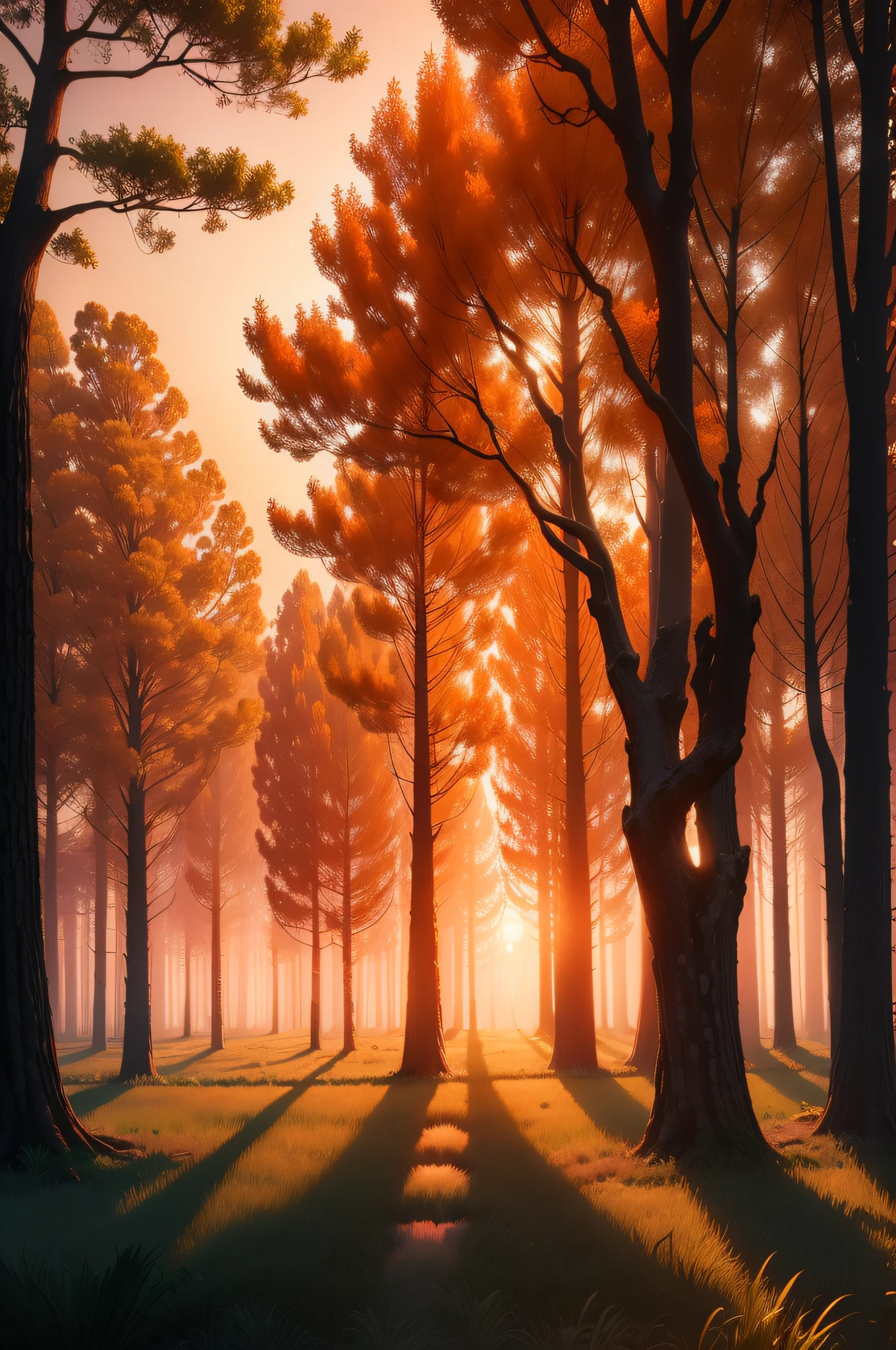 (a beautiful, enchanting) sunset amidst an orange forest (with a touch of magic aesthetics), [mysterious trees and mist] (creating an ethereal atmosphere), (best quality, 4k, highres), ultra-detailed, (realistic: 1.37), vivid colors, (soft, warm color tones).