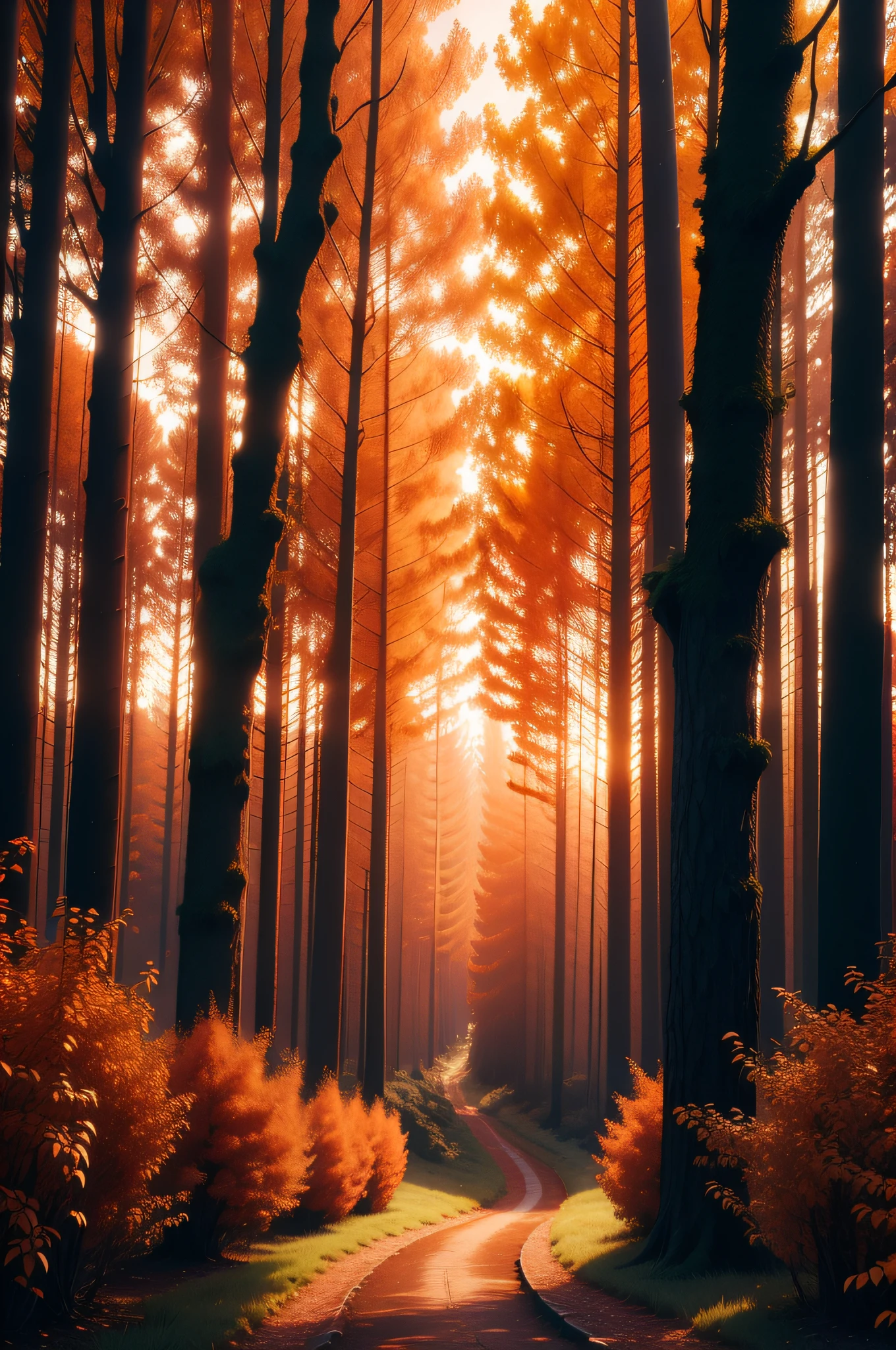 (a beautiful, enchanting) sunset amidst an orange forest (with a touch of magic aesthetics), [mysterious trees and mist] (creating an ethereal atmosphere), (best quality, 4k, highres), ultra-detailed, (realistic: 1.37), vivid colors, (soft, warm color tones).