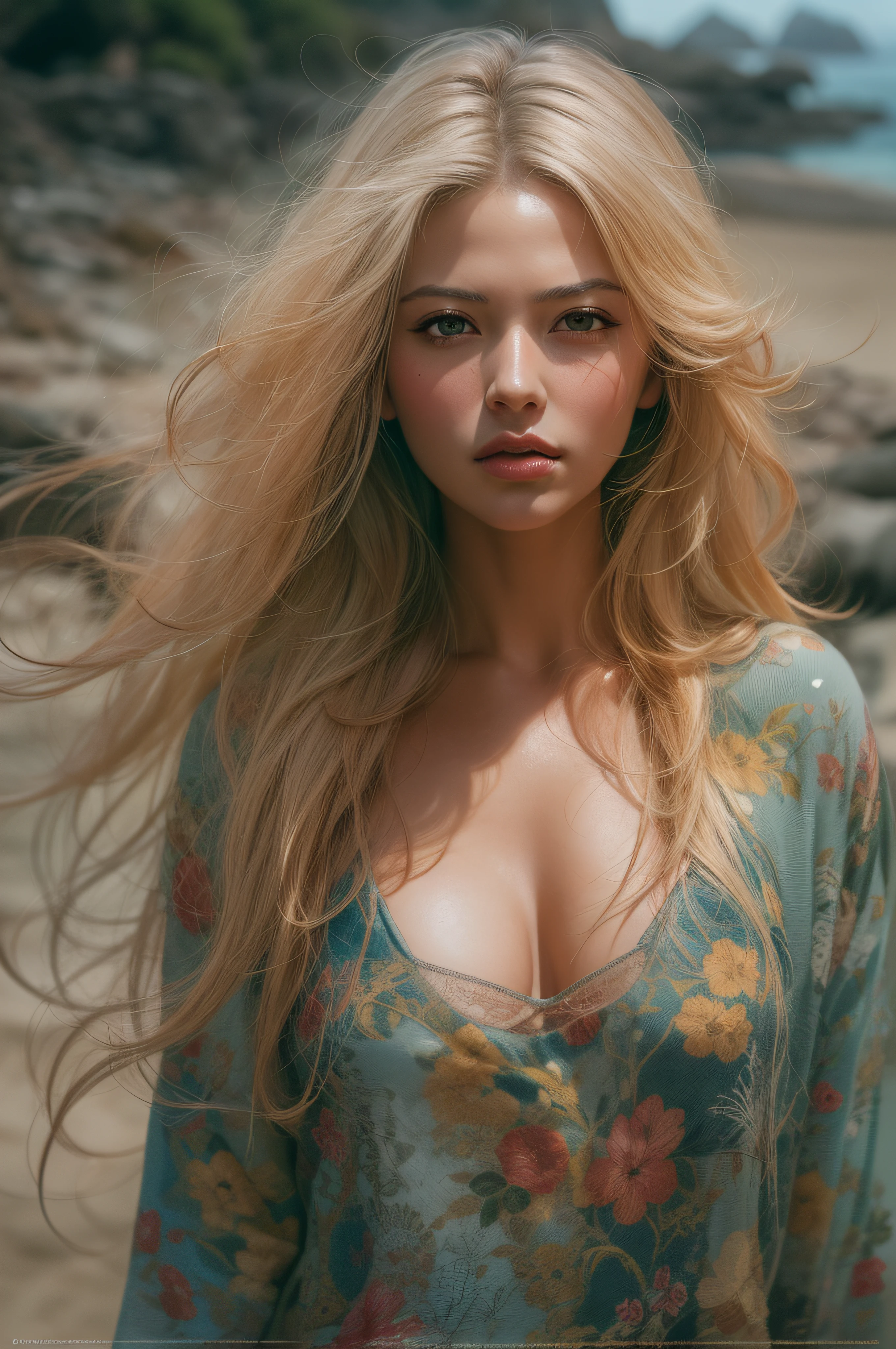 ultra realistic oil paint Latin American woman on the beach, very long wild blond hair, huge gigantic breasts, full body, sun, enlightenment, she is wearing a loose deep open camisole. 4k resolution, intricately detailed, cinematic, full body, detailed symmetric eyes, intricate details, beautiful detailed intricate face, Carne Griffiths and Wadim Kashin concept art, ominous, approaching perfection, highly detailed, smooth, trending os artstation, sharp focus, digital art, perfect composition, Yadaab, hyperdetailed painting, ISO 200, 100mm, DLSR, dynamic, light studio, vibrant, art by Alyssa Monks