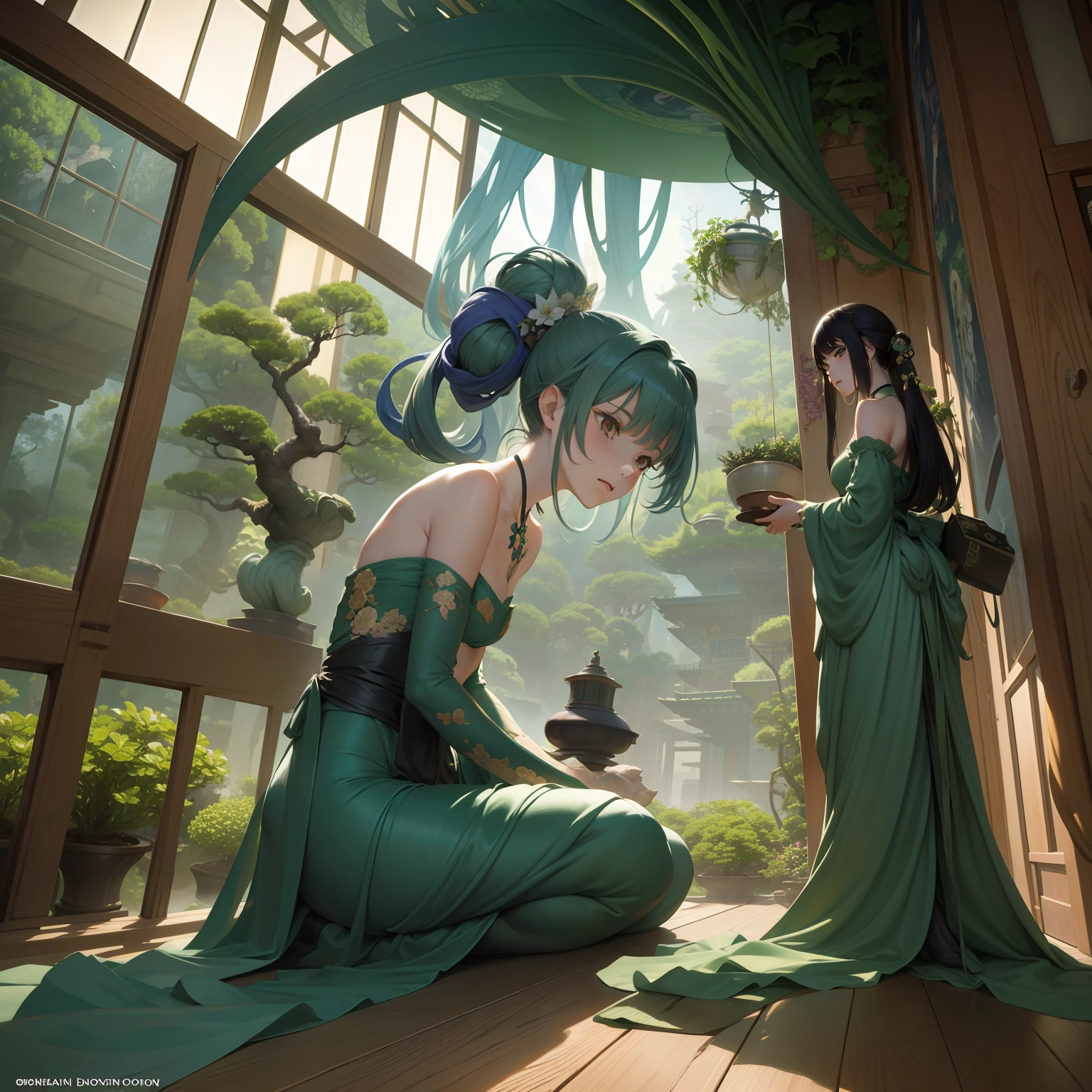 Dorothea Tanning, Shel Silverstein, Charles Doyle, Ukiyo-e style animesque wondrous strange Whimsical surreal fanciful Sci-Fi Fantasy Kingdom above bonsai Girl looking at the bonsai from the outside Hyperdetailed high resolution high definition high quality masterpiece colour