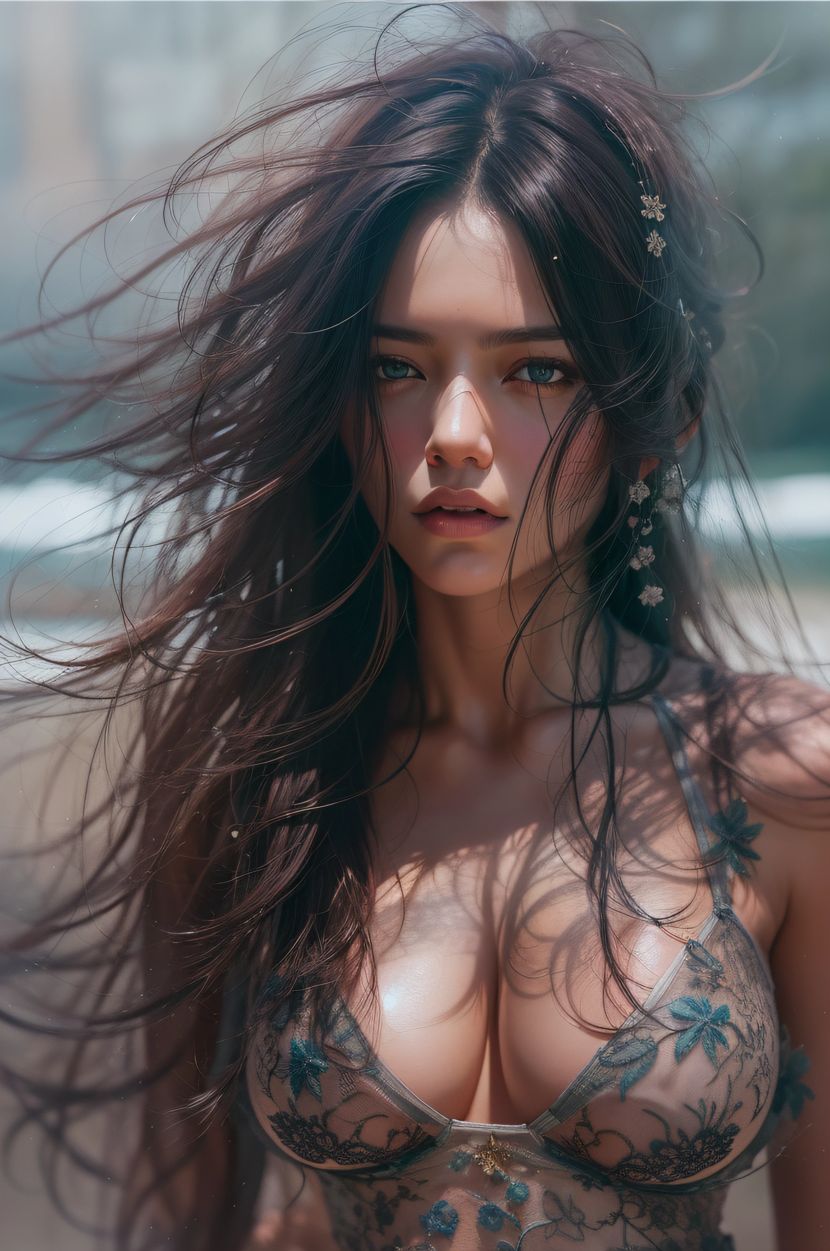 ultra realistic oil paint Latin American woman on the beach, very long wild black hair, huge gigantic breasts, full body, sun, enlightenment, she is wearing a loose deep open camisole. 4k resolution, intricately detailed, cinematic, full body, detailed symmetric eyes, intricate details, beautiful detailed intricate face, Carne Griffiths and Wadim Kashin concept art, ominous, approaching perfection, highly detailed, smooth, trending os artstation, sharp focus, digital art, perfect composition, Yadaab, hyperdetailed painting, ISO 200, 100mm, DLSR, dynamic, light studio, vibrant, art by Alyssa Monks