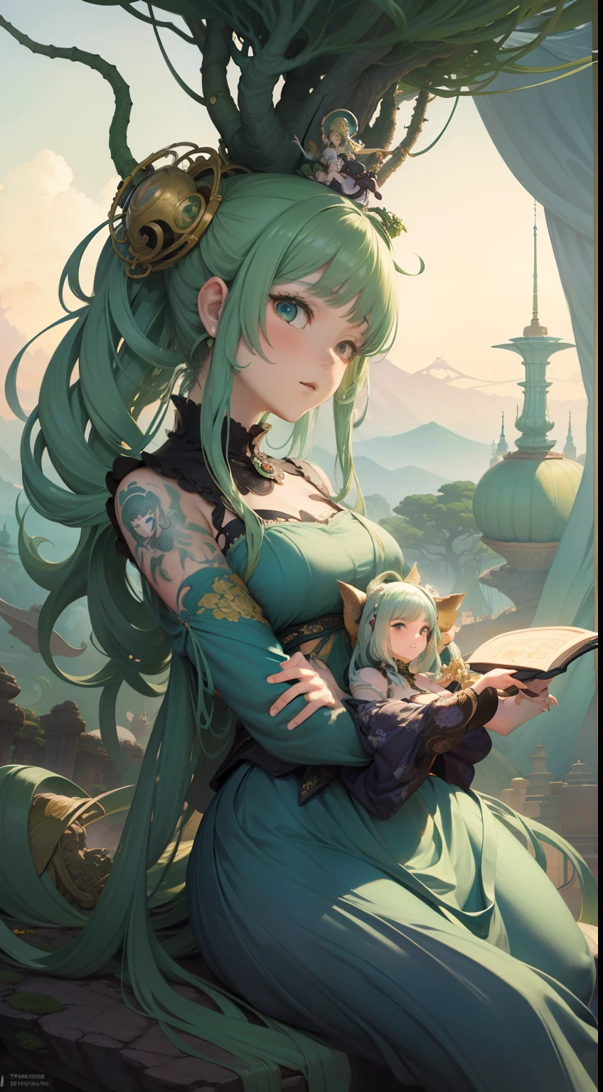 Dorothea Tanning, Shel Silverstein,  Charles Doyle, Ukiyo-e style　animesque　wondrous　strange　Whimsical　surreal　fanciful　Sci-Fi Fantasy　Kingdom above bonsai　Girl looking at the bonsai from the outside Hyperdetailed high resolution high definition high quality masterpiece colour