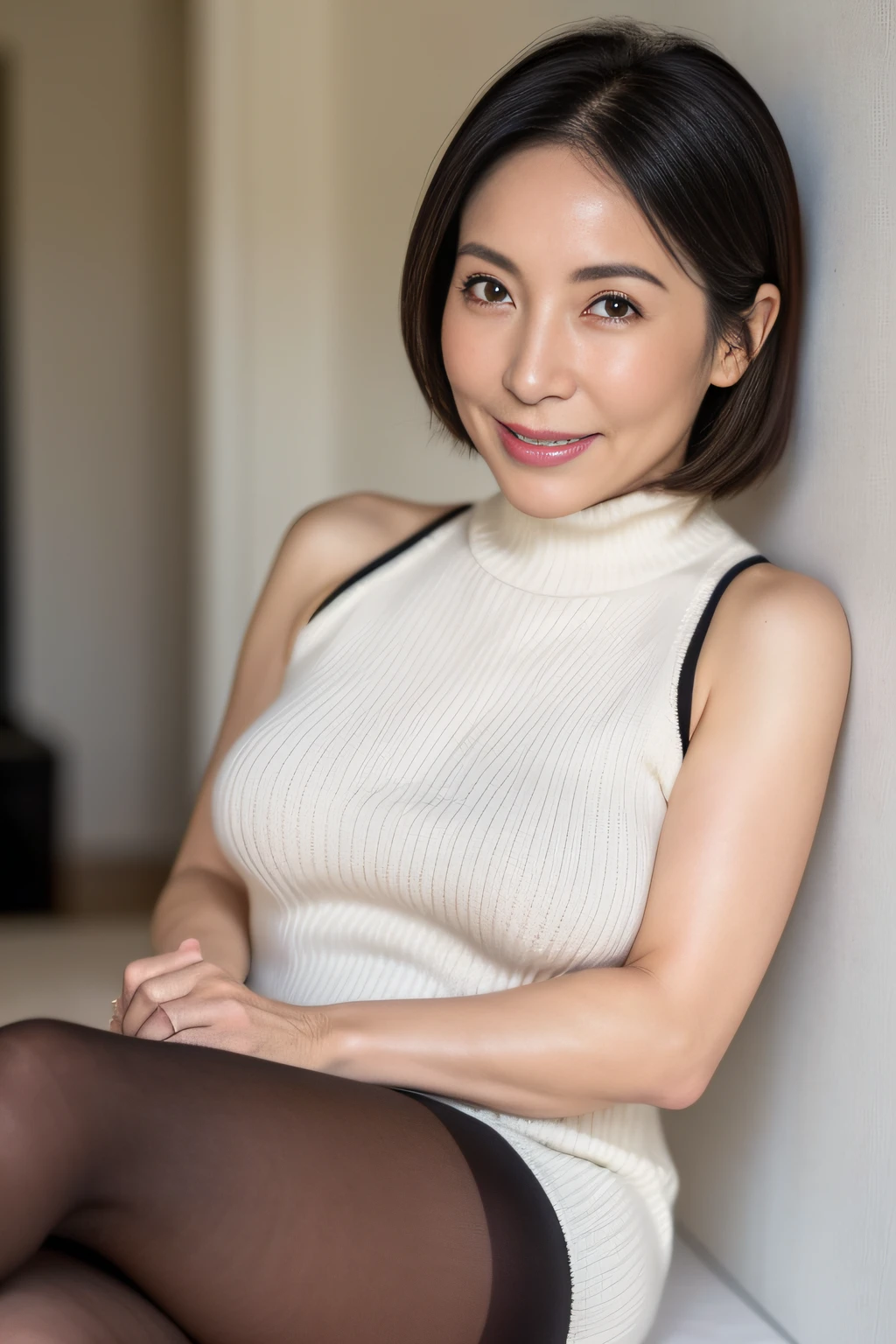 japanese mature, (Solo), 50 years old, (Wrinkles at the corners of the eyes:1.2), Large breasts, A MILF, glamor, A sexy, Chromo-white skin, Looking at Viewer、Super large udder、Sleeveless knitwear、Tight Fit Knitted Dresses、Muchimuchi、Black pantyhose、high-heels、ssmile、Public places、legs crossed