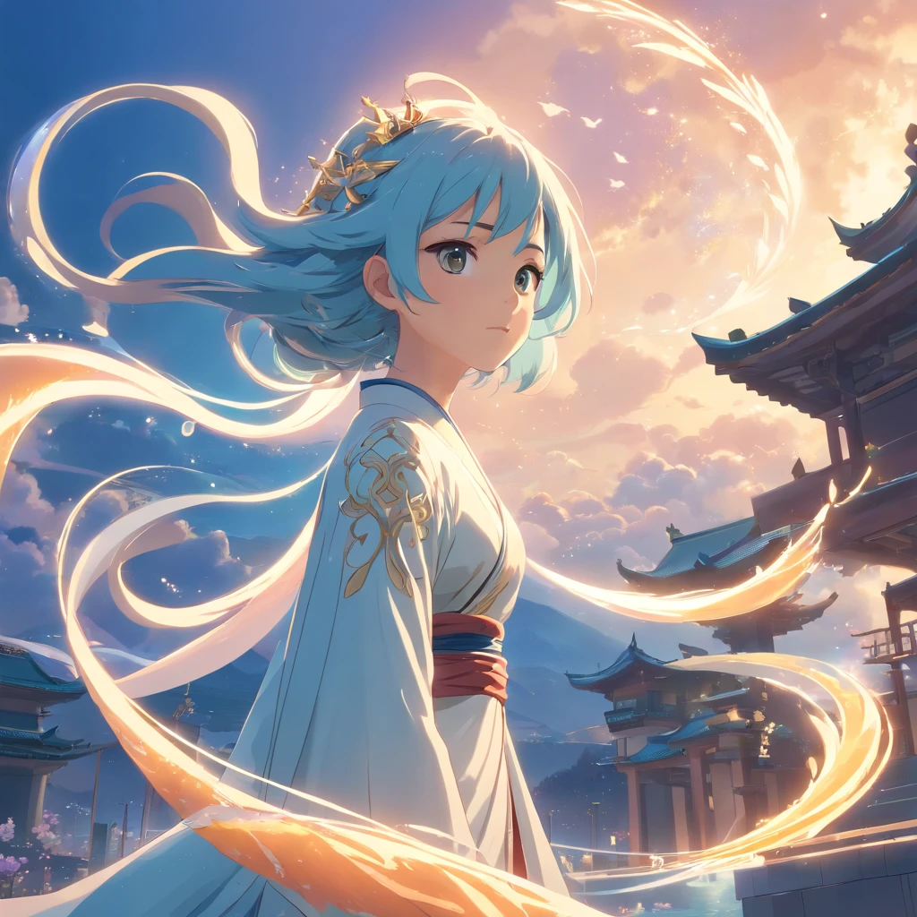 symetrical composition,Epic lighting,wind and cloud special effects,Pixar style super cute anthropomorphic White Snake, wearing hanfu and crystal crown, standing, charming big eyes, lovely tail, standing, surreal, super fine, luxurious, elegant standing, charming big eyes, lovely tail, standing, surreal, super detailed, luxurious, elegant, complex, gorgeous, illusory engine, octane rendering, 8K, VRAY surrealism,