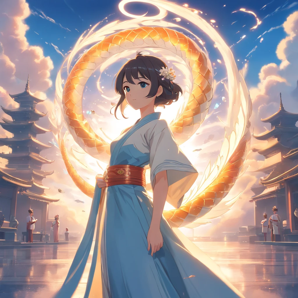 symetrical composition,Epic lighting,wind and cloud special effects,Pixar style super cute anthropomorphic White Snake, wearing hanfu and crystal crown, standing, charming big eyes, lovely tail, standing, surreal, super fine, luxurious, elegant standing, charming big eyes, lovely tail, standing, surreal, super detailed, luxurious, elegant, complex, gorgeous, illusory engine, octane rendering, 8K, VRAY surrealism,