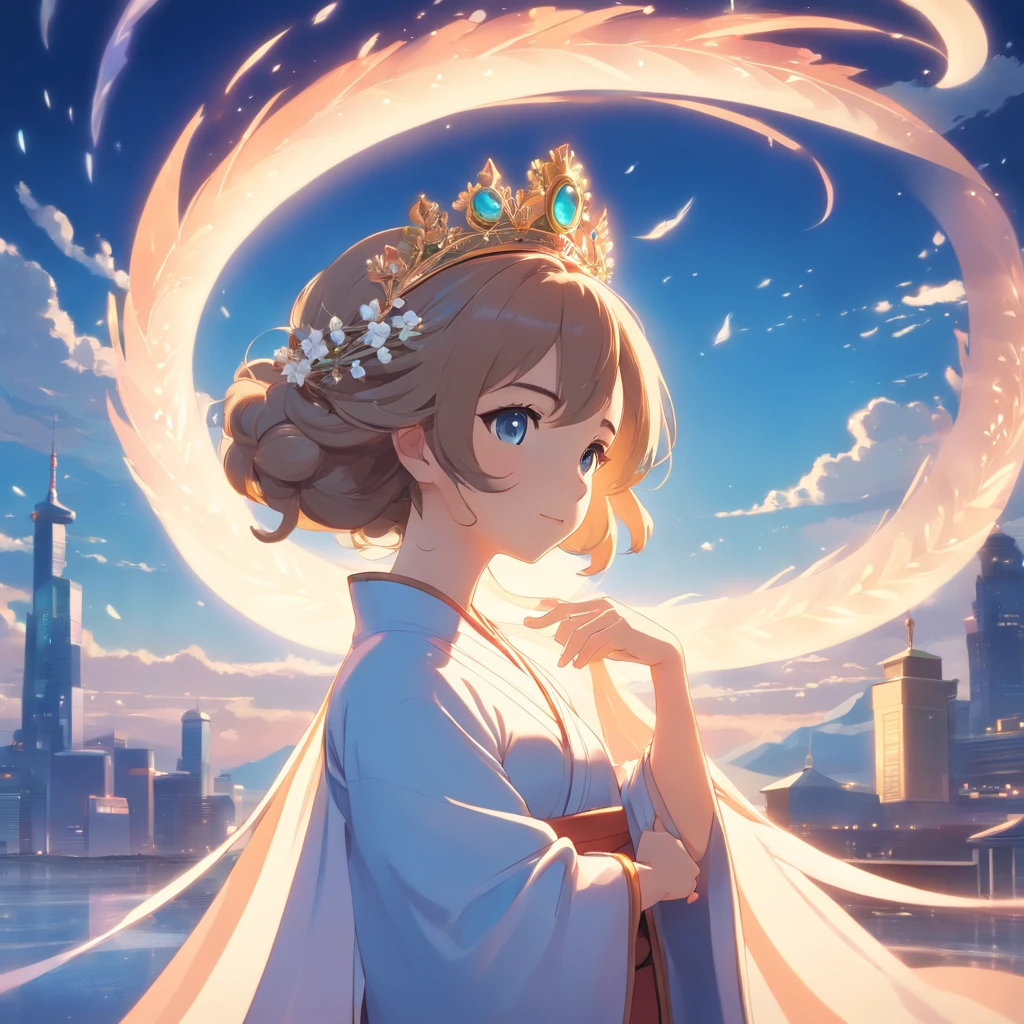 symetrical composition，Epic lighting，wind and cloud special effects，Pixar style super cute anthropomorphic White Snake， wearing hanfu and crystal crown, standing, charming big eyes, lovely tail, standing, surreal, super fine, luxurious, elegant standing, charming big eyes, lovely tail, standing, surreal, super detailed, luxurious, elegant, complex, gorgeous, illusory engine, octane rendering, 8K, VRAY surrealism，