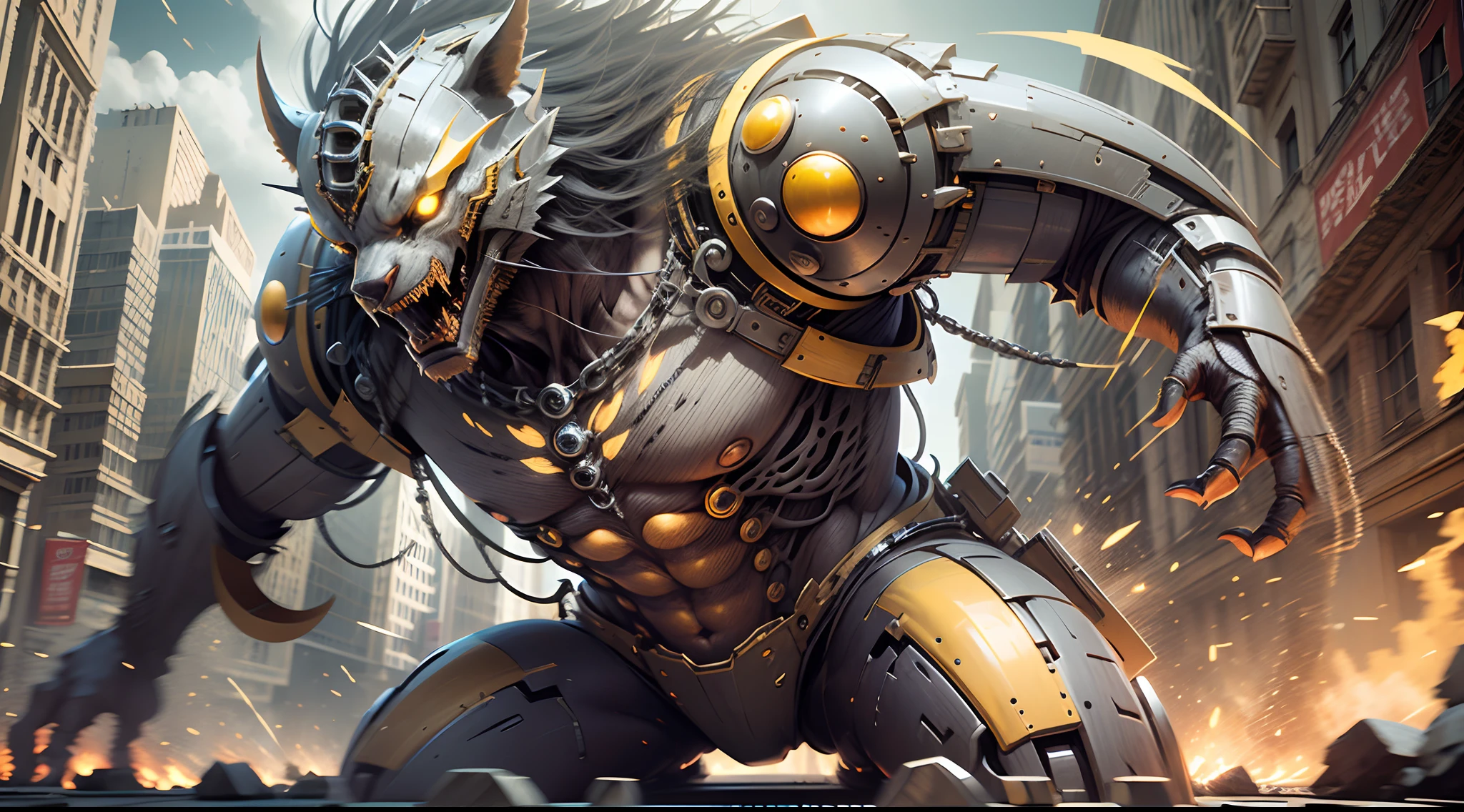 Metal monster, yellow tones, in attack pose, aggressive face --auto --s2