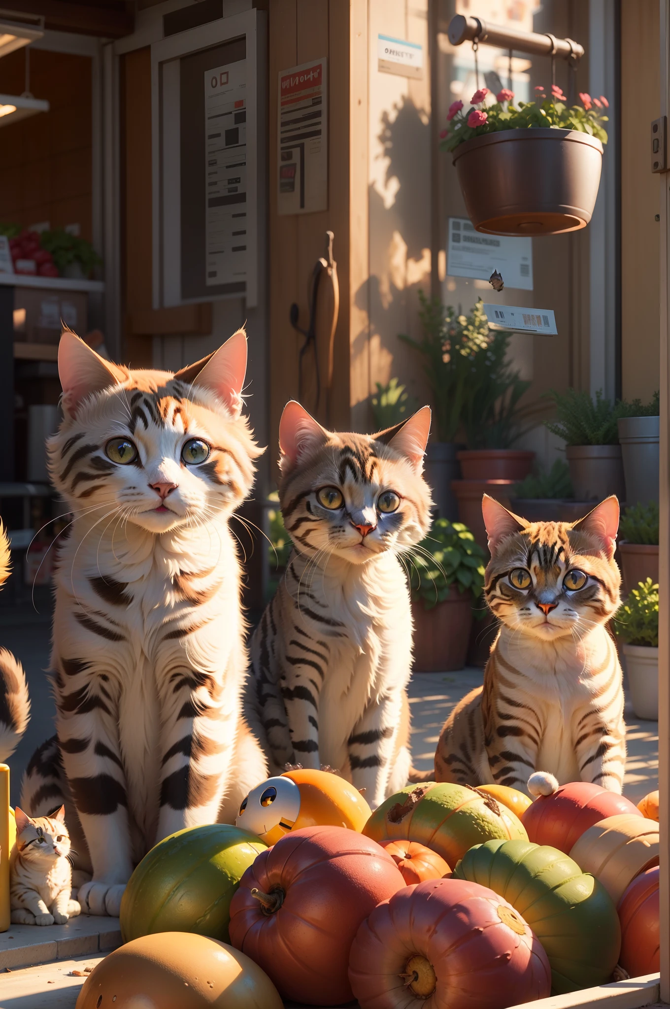 In front of the grocery store, Cats with round eyes, Look outside, Arrange the pots, and the sun was shining brightly, the detail， 4K， k hd， high high quality.