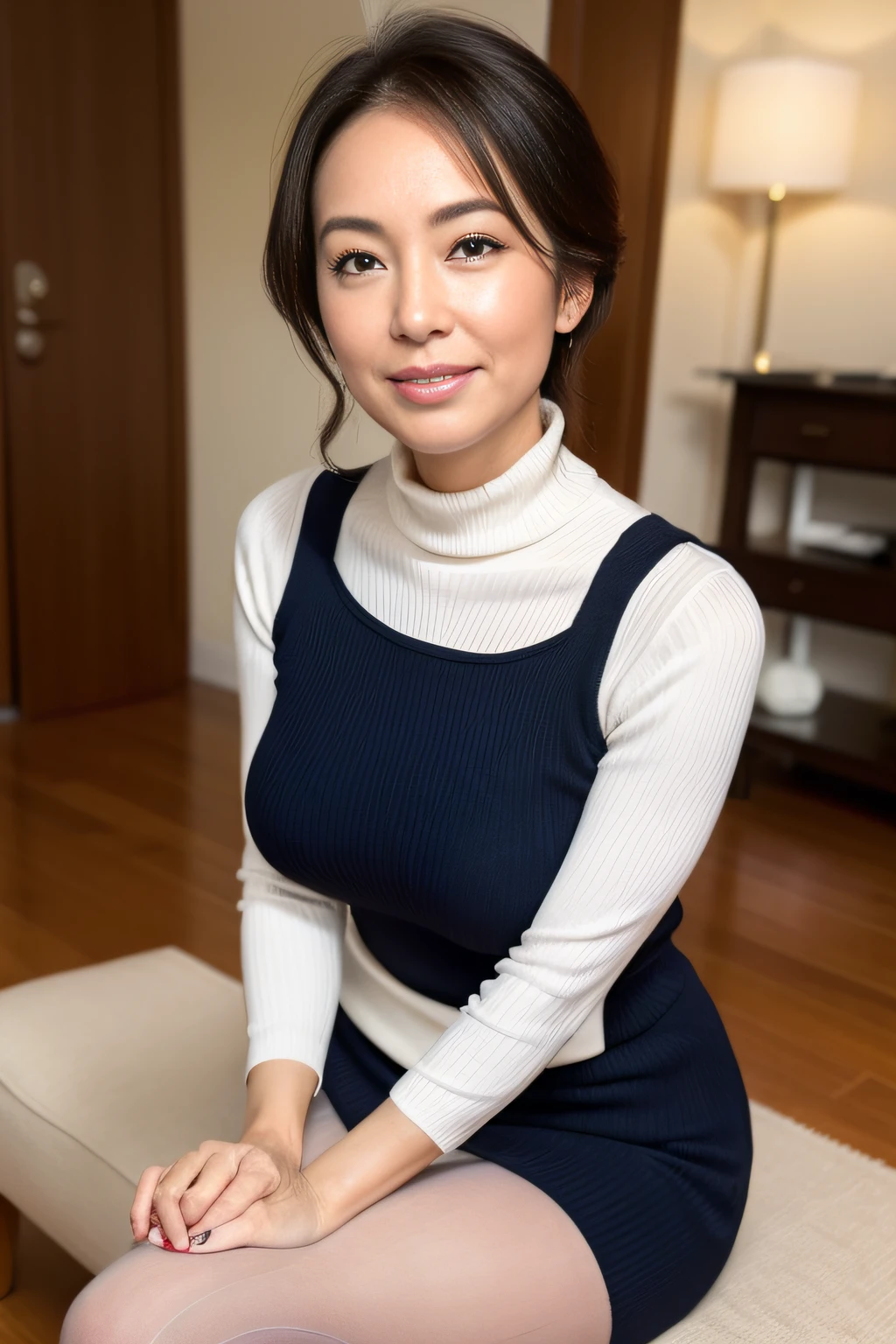 japanese mature, (Solo), 50 years old, (Wrinkles at the corners of the eyes:1.2), Large breasts, A MILF, glamor, A sexy, Chromo-white skin, Looking at Viewer、Super large udder、Sleeveless turtleneck knit wearing、Tight Fit Knitted Dresses、Muchimuchi、Black pantyhose、high-heels、ssmile、Public places、legs crossed