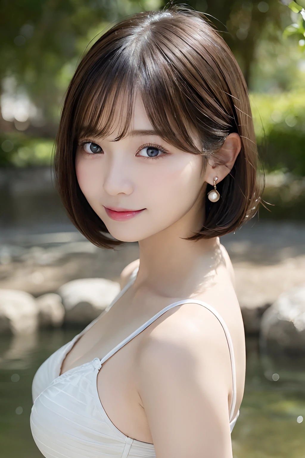 (A hyper-realistic), (illustratio), (hight resolution), (8K), (ighly detailed), (The best illustrations), (Beautiful detailed eyes), (top-quality), (ultra-detailliert), (masterpiece), (wall-paper), (详细的脸), (beautiful smiling face)、(beautiful countenance)、Medium bob cut hair、Earrings with bangs、独奏、(((Cute Japan Beautiful Girl)))、 Beautiful girl in Japan 20 years old))、 ((Baby face))、(((G Cup Big)))swim wears、Swimsuit、mare、the beach、agitation、real looking skin、Hair fluttering in the wind、