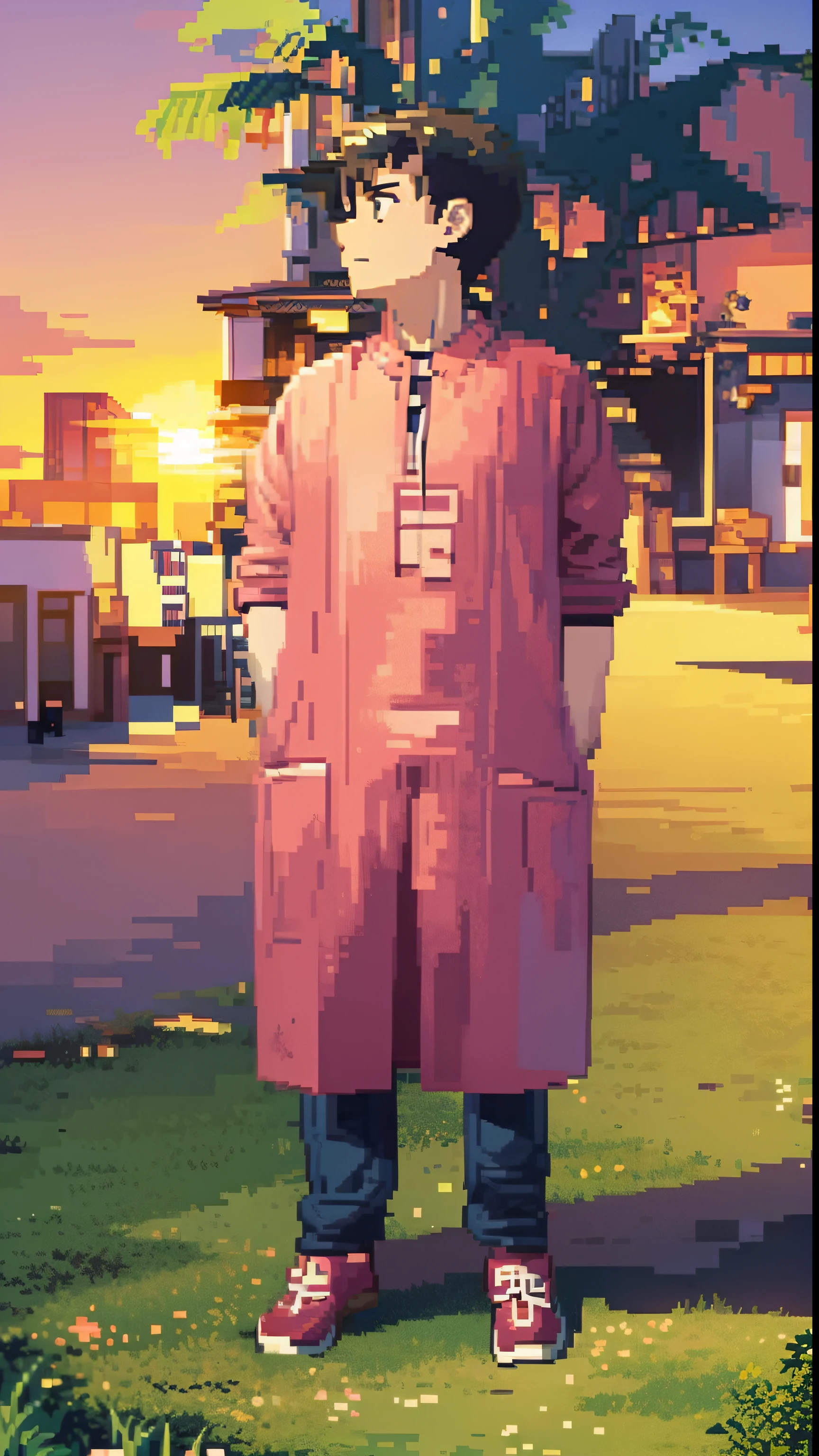 retro anime style, pink sunset , cute boy in focus, loose jacket, loose pants, looking towards sun, pixel art