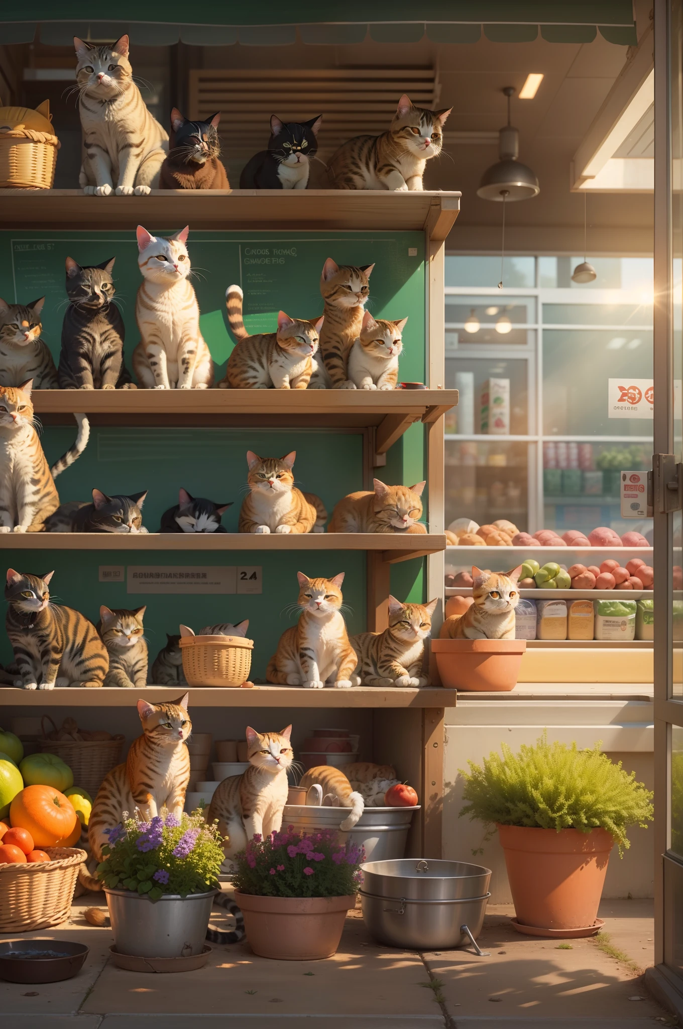 In front of the grocery store, Cats with round eyes, Look outside, Arrange the pots, and the sun was shining brightly, the detail， 4K， k hd， high high quality.