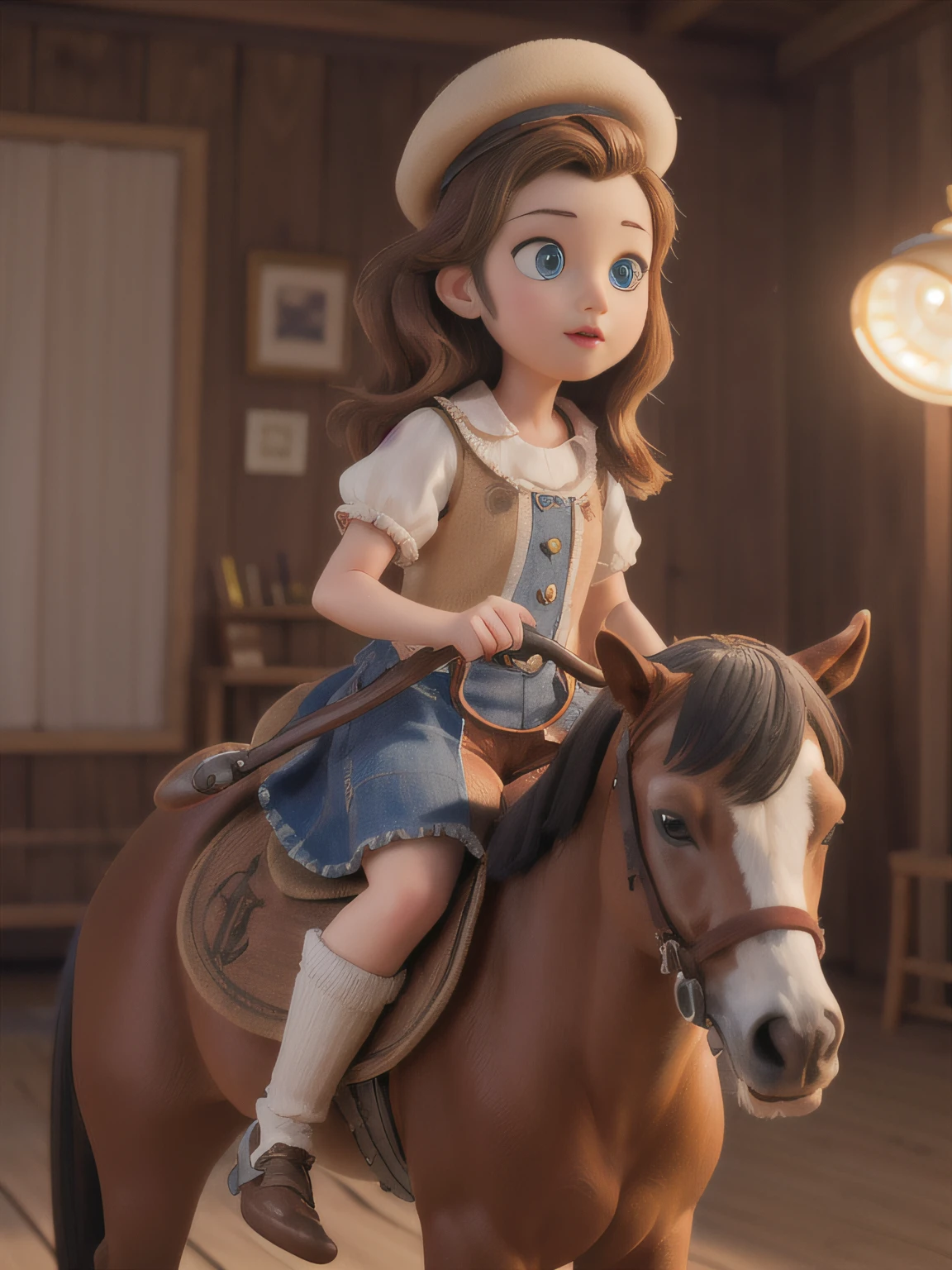 A cute riding a horse, detailed eyes and face, beautiful detailed lips, long eyelashes, medium: oil painting, ultra-detailed, (best quality, 4k, 8k, highres, masterpiece:1.2), HDR, studio lighting, vivid colors, sharp focus, physically-based rendering, beautiful landscape in the background.