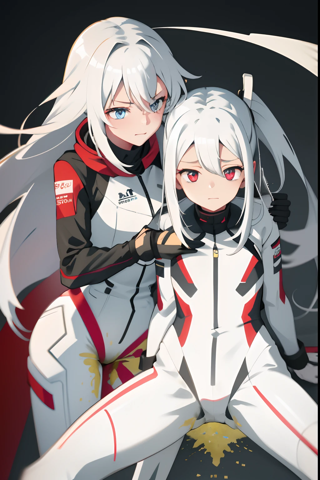 The two girls leaned together,Long pure white hair,White skinny racing suit,Be red in the face,pretty eyes(Girl leaking urine),leaked pee