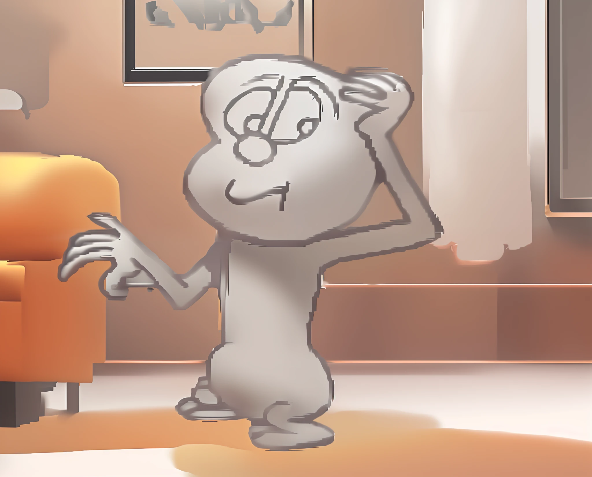 cartoon of a cat scratching his head in a living room, children's cartoon, film still from an cartoon, gray anthropomorphic, simple cartoon, , cartoon still, funny cartoonish, cartoon character, animation character, short cartoon strip, cartoon image,