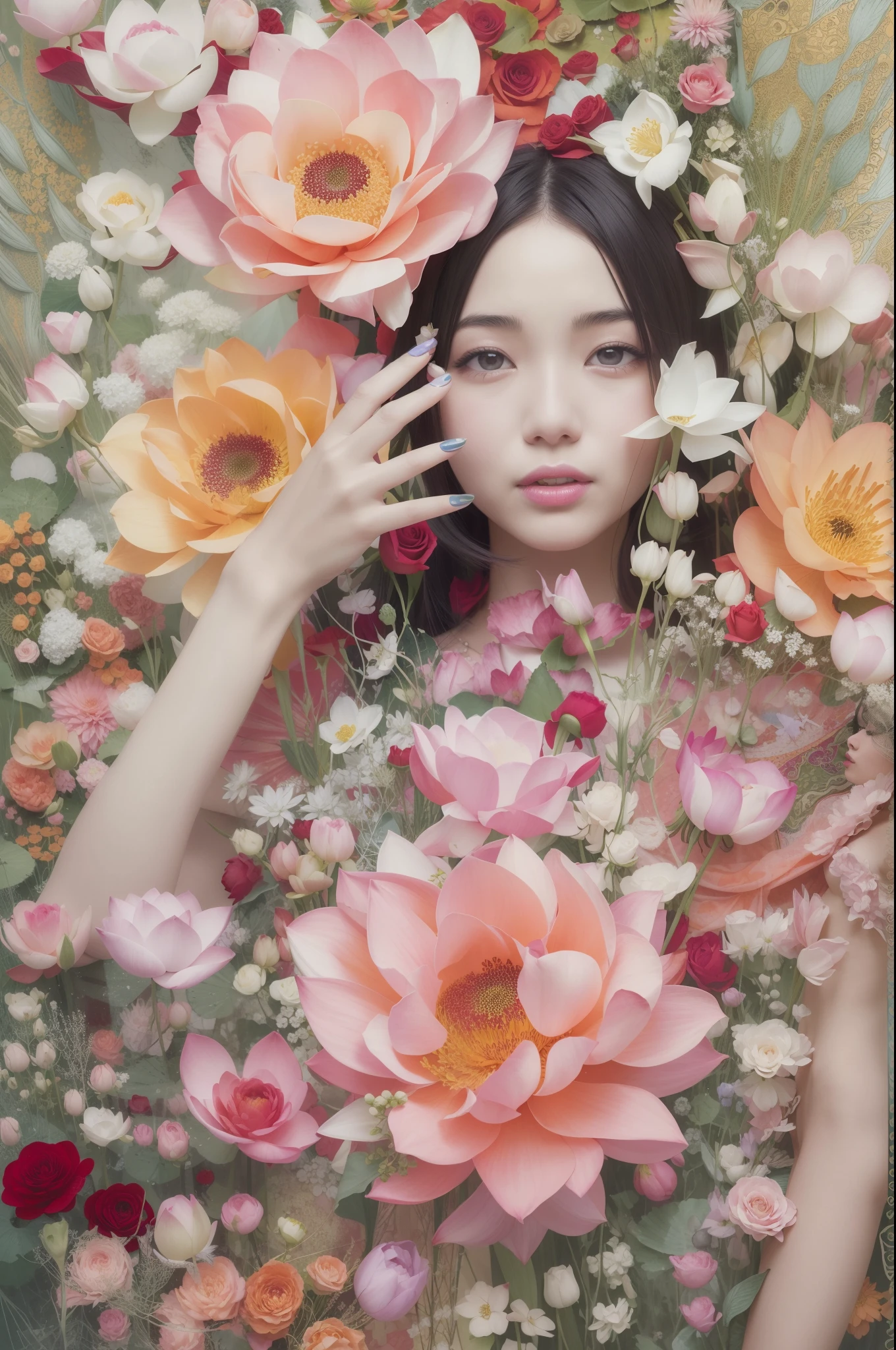 Abstract art that fuses and mixes. Beautiful woman fused with intricate and creative floral abstract background. Kanna Hashimoto, high resolution, high quality, photorealistic, realistic, the best abstract painting of all time, beautiful woman, masterpiece, precise finger, lotus, rose, high contrast, smile,