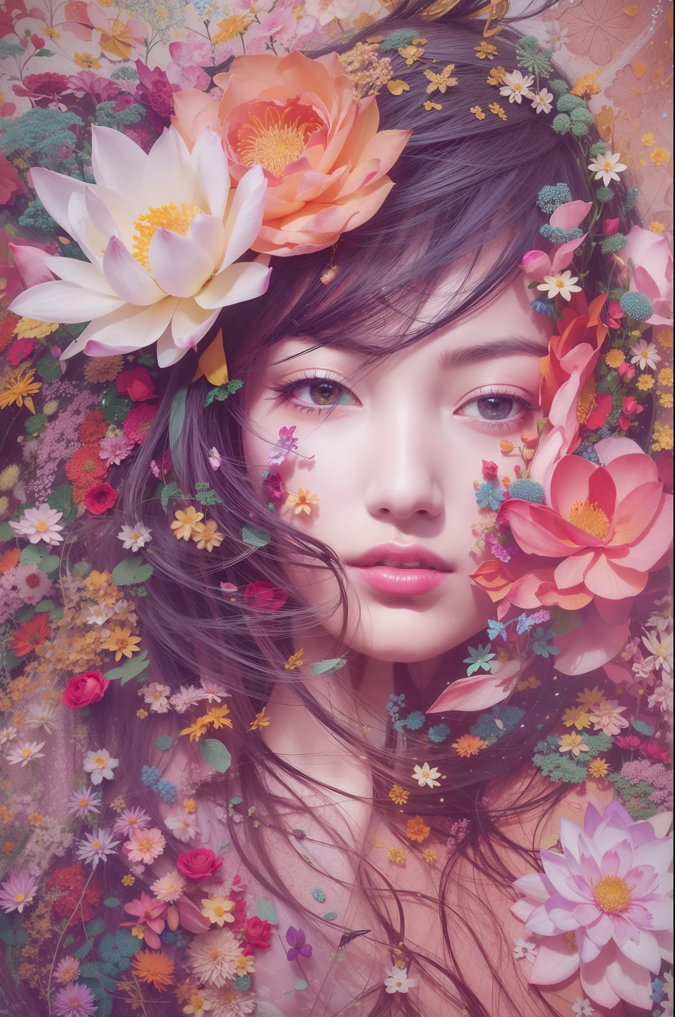 Abstract art that fuses and mixes. Beautiful woman fused with intricate and creative floral abstract background. Kanna Hashimoto, high resolution, high quality, photorealistic, realistic, the best abstract painting of all time, beautiful woman, masterpiece, precise finger, lotus, rose, high contrast, smile,