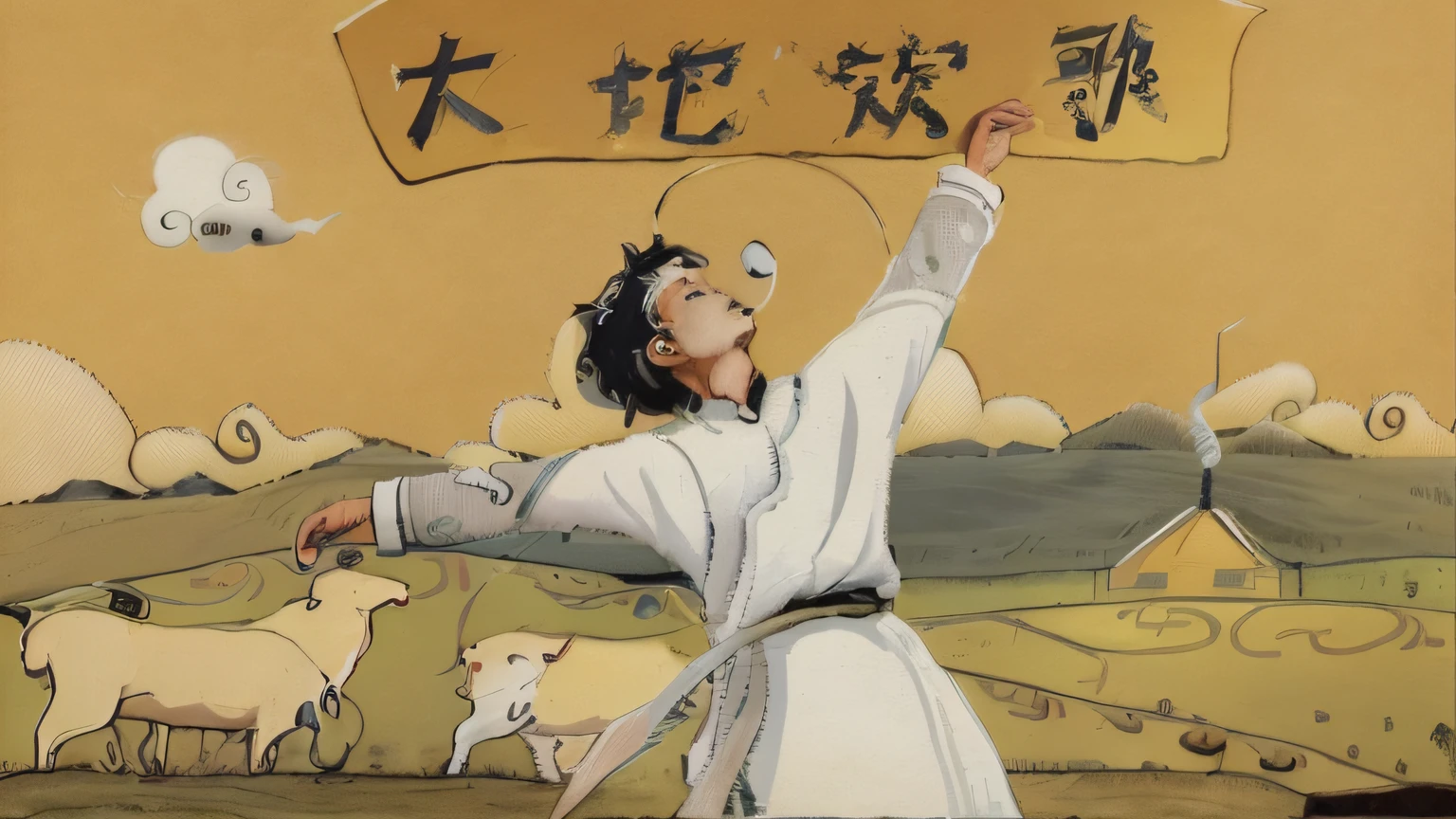 Caricature of a man holding a sign of a sheep in a field, Inspired by Yang Buzhi, artwork in the style of z.Show on the. gu, Inspired by Cao Zhibai, Inspired by Zhao Yuan, Inspired by Bian Shoumin, inspired by Qu Leilei, Akira in Chinese mythology, inspired by Wuzhun Shifan, nezha