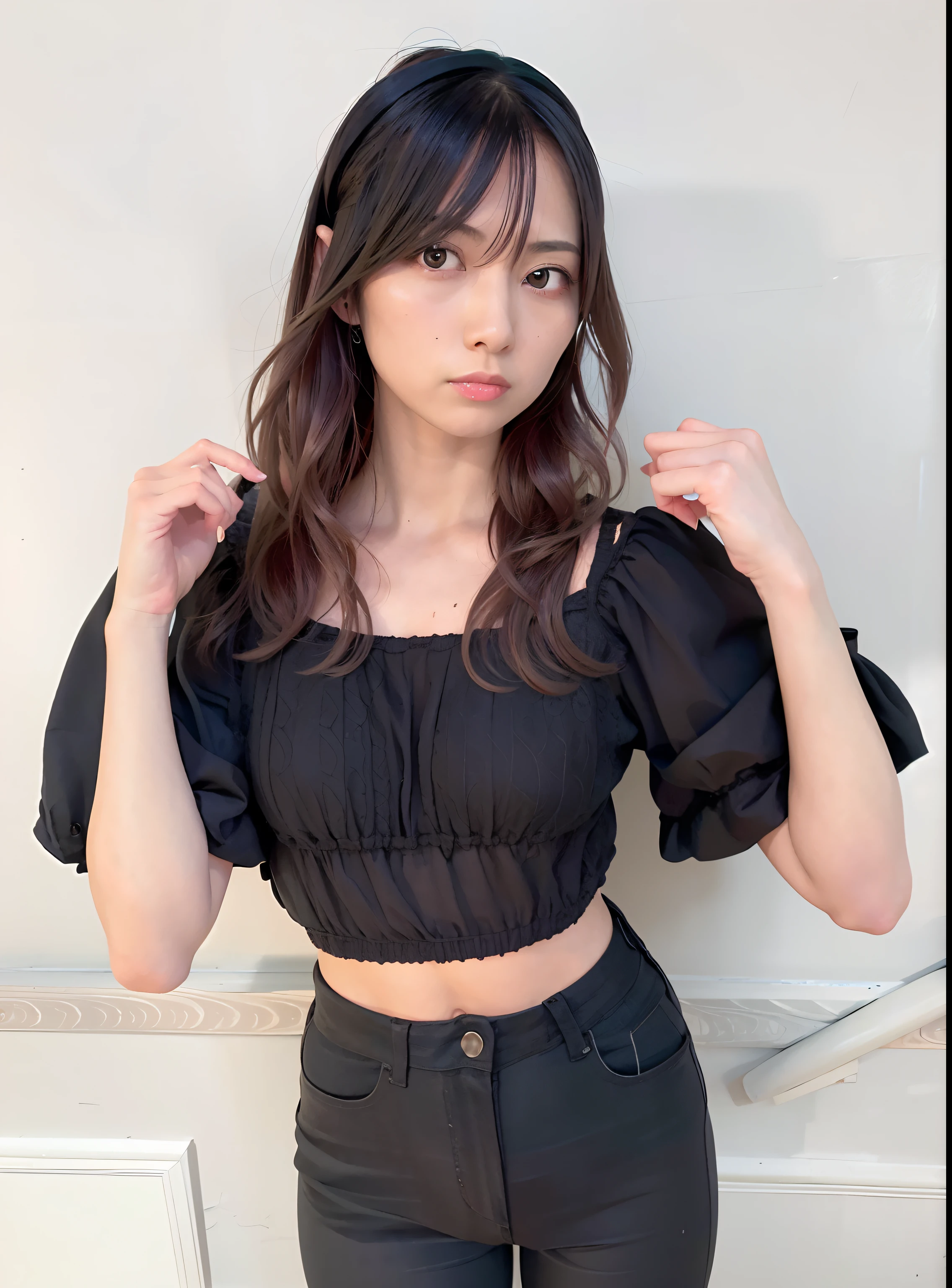 Asian woman in araffe in black top and black pants poses for photo, Black top, chiho, 奈良美智, Young skinny gravure idol, cutecore, Short sleeves, sakimichan, ulzzangs, croptop, Rin, tzuyu from twice, Wearing a sexy cropped top, croptop, Japanese Models