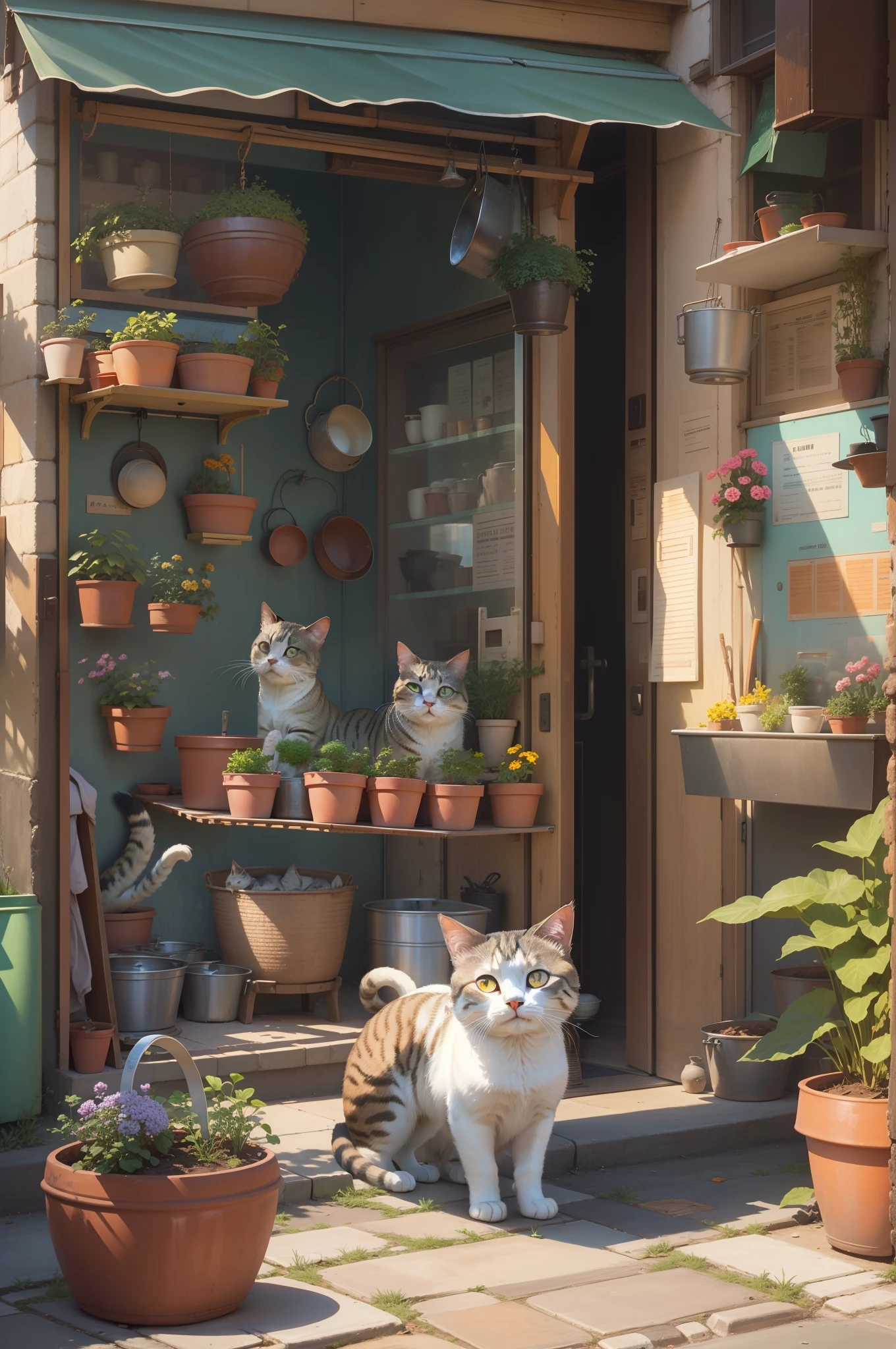 On the street, Round-eyed cat, Look outside, Arrange the pots, and the sun was shining brightly, the detail, 4K, k hd, high high quality.