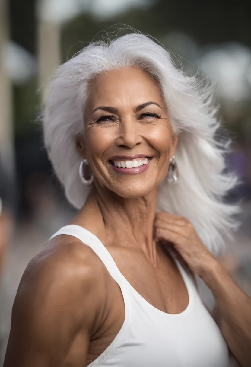 Perfect figure,60 years old,In motion,(femele), ((Black with some white hair)),Purple clothes,Heavy sweating,big laughter,((sixpack abs)),wiping sweat,parks,Ultra-fine face,Fine eyes,二重まぶた