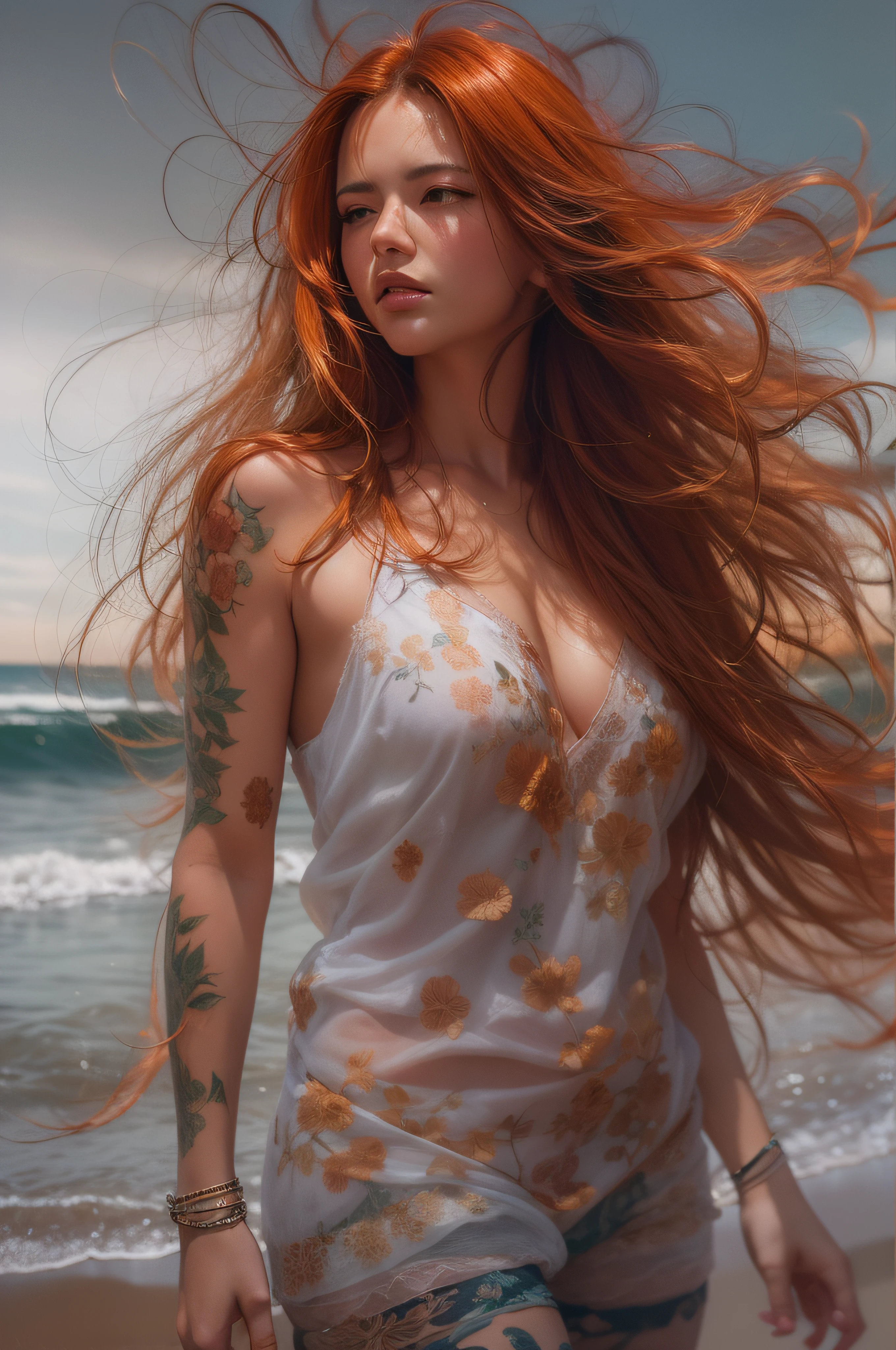 ultra realistic oil paint Latin American woman on the beach, very long wild red hair, big breasts, full body, sun, enlightenment, she is wearing a loose deep open camisole. 4k resolution, intricately detailed, cinematic, full body, detailed symmetric eyes, intricate details, beautiful detailed intricate face, Carne Griffiths and Wadim Kashin concept art, ominous, approaching perfection, highly detailed, smooth, trending os artstation, sharp focus, digital art, perfect composition, Yadaab, hyperdetailed painting, ISO 200, 100mm, DLSR, dynamic, light studio, vibrant, art by Alyssa Monks
