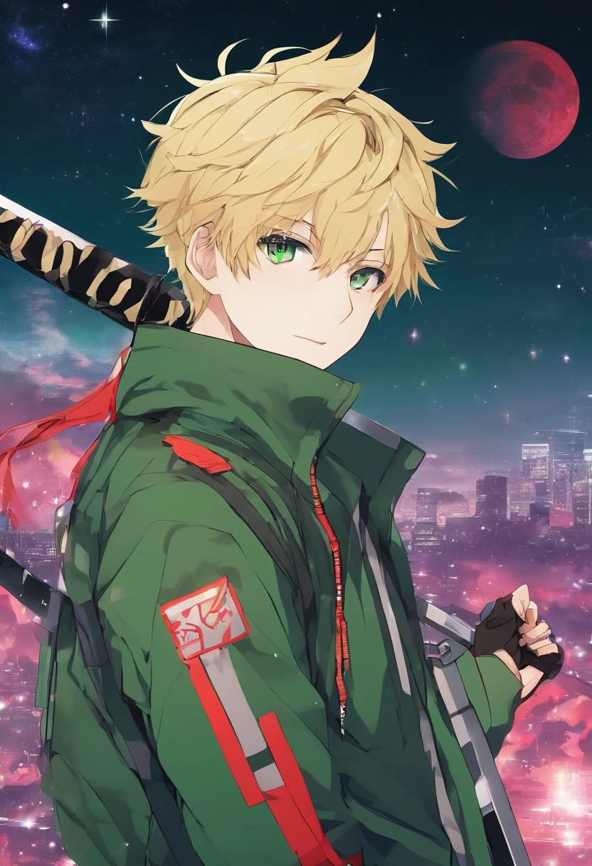 anime boy,(male), serious look, short blonde hair, (mechanical right arm), green jacket, (best quality, 4k, high resolution: 1.4), black katana with red details and green aura, bright night sky backdrop with stars