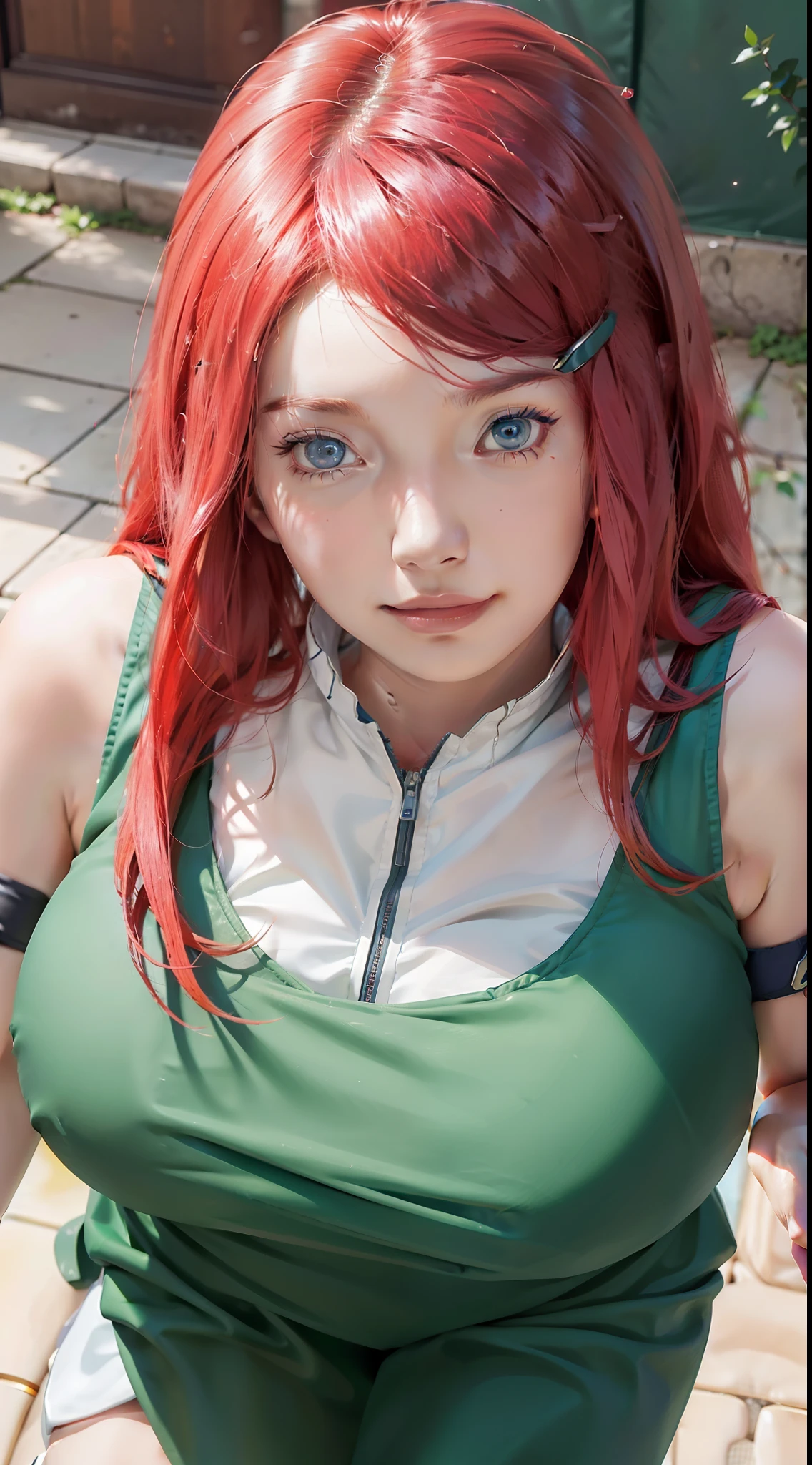 1girl, uzumaki kushina in anime naruto, long hair, red hair, blue eyes, smile, beautiful, sexy dress, sexy clothes, green clothes, very big breast, realistic clothes, detail clothes, outdoor background, ultra detail, realistic