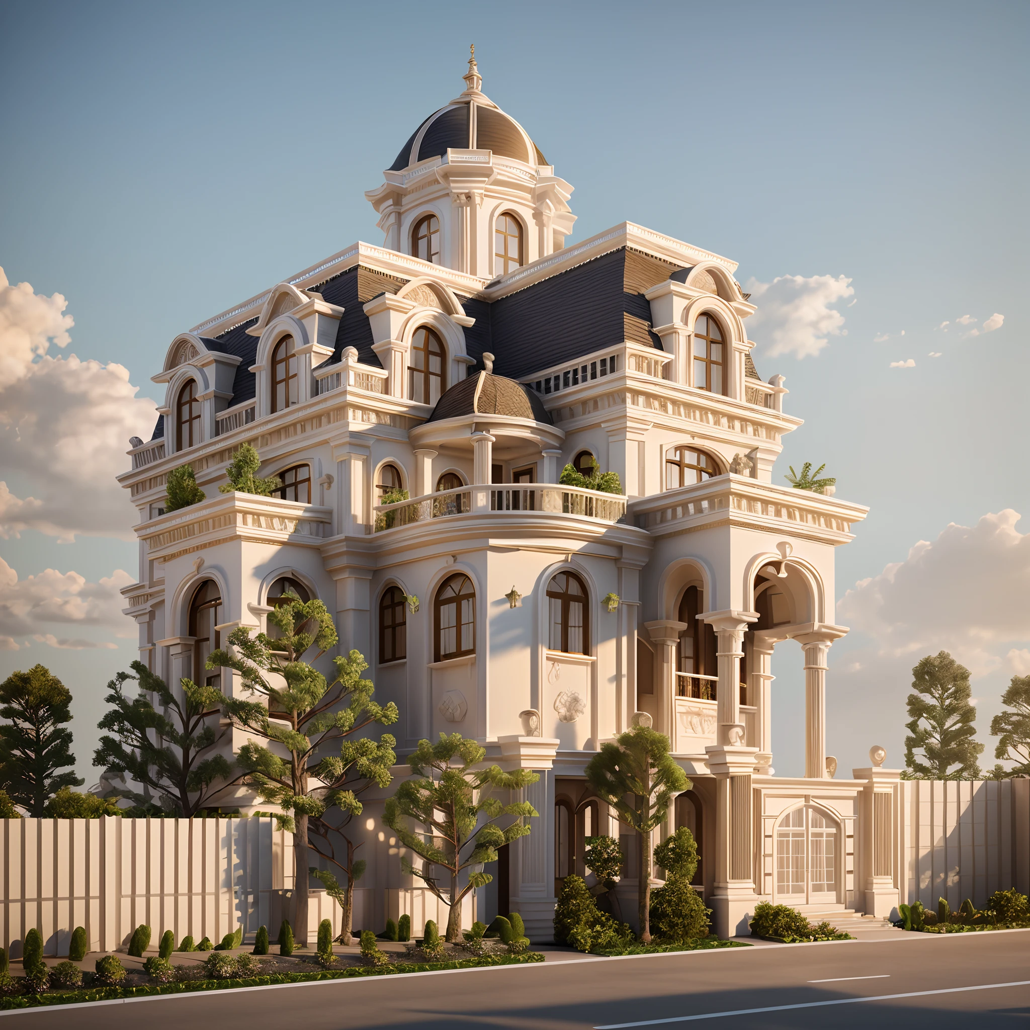 RAW photo, masterpiece, arafed house with a car parked in front of it, neo - classical style, rendered in lumion pro, classicism style, classicism artstyle, lumion render, rendered in lumion, architectural visualization, neoclassical style, in style of classicism, white light sun, rendered in vray, rendered in v-ray, rendered in unreal engine 3d, (photorealistic:1.2), best quality, ultra high res, exterior, architechture,modern house,(white wall:1.5), masterpiece, (photorealistic:1.5), best quality, ultra high res, exterior,architechture,neoclassic house,(white wall:1.2), (detailed reliefs:1.2), (The front 1st floor has 4 windows), (the right side 1st floor has 4 windows), (the main side has three-step stairs), (the right side has three-step stairs) ,glass windows,,trees,traffic road, blue sky,in the style of realistic hyper-detailed rendering, 32k uhd, luxury neoclassical villa, in the style of neoclassical scene, glass windows, (white navy roof:1.2), best quality, (straight strokedetail:1.1) roof top, (Intricate lines:1.5), ((Photorealism:1.5)),(((hyper detail:1.5))), archdaily, award winning design, (dynamic light:1.3), (night light:1.2), (perfect light:1.3), (shimering light :1.4),  refection glass windows, (curved line architecture arch:1.2), trees, beautiful sky, photorealistic, FKAA, TXAA, RTX, SSAO, Post Processing, Post-Production, CGI, VFX, SFX, Full color,((Unreal Engine 5)), Canon EOS R5 Camera + Lens RF 45MP full-frame CMOS sensor, HDR, Realistic,8k,((Unreal Engine 5)), Cinematic intricate detail, extreme detail, science, hyper-detail, FKAA, super detail, super realistic, crazy detail, intricate detail, nice color grading, reflected light on glass, eye-catching wall lights, unreal engine 5, octane render, cinematic, trending on artstation, High-fidelity, Viwvid, Crisp, Sharp, Bright, Stunning, ((Lifelike)), Natural, ((Eye-catching)), Illuminating, Flawless, High-quality,Sharp edge rendering, medium soft lighting, photographic render, detailed archviz