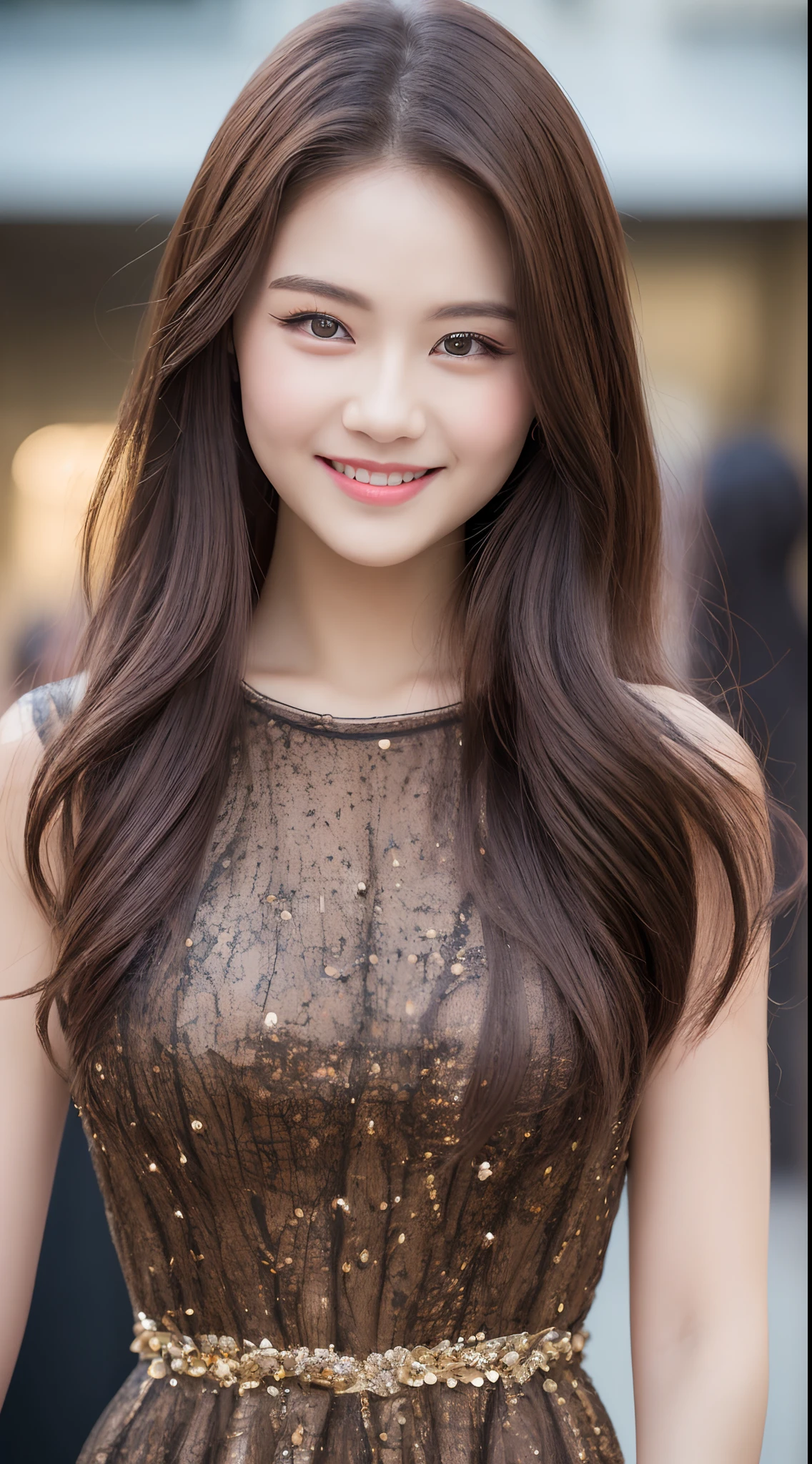 ((Best quality, 8k, Masterpiece :1.3)), 1girl, smiling, full body, slim face, Pretty woman, (Dark brown hair), full length dress :1.1, Ultra-detailed face, Detailed eyes, Double eyelid, blur background, slim face, city, outside, street,