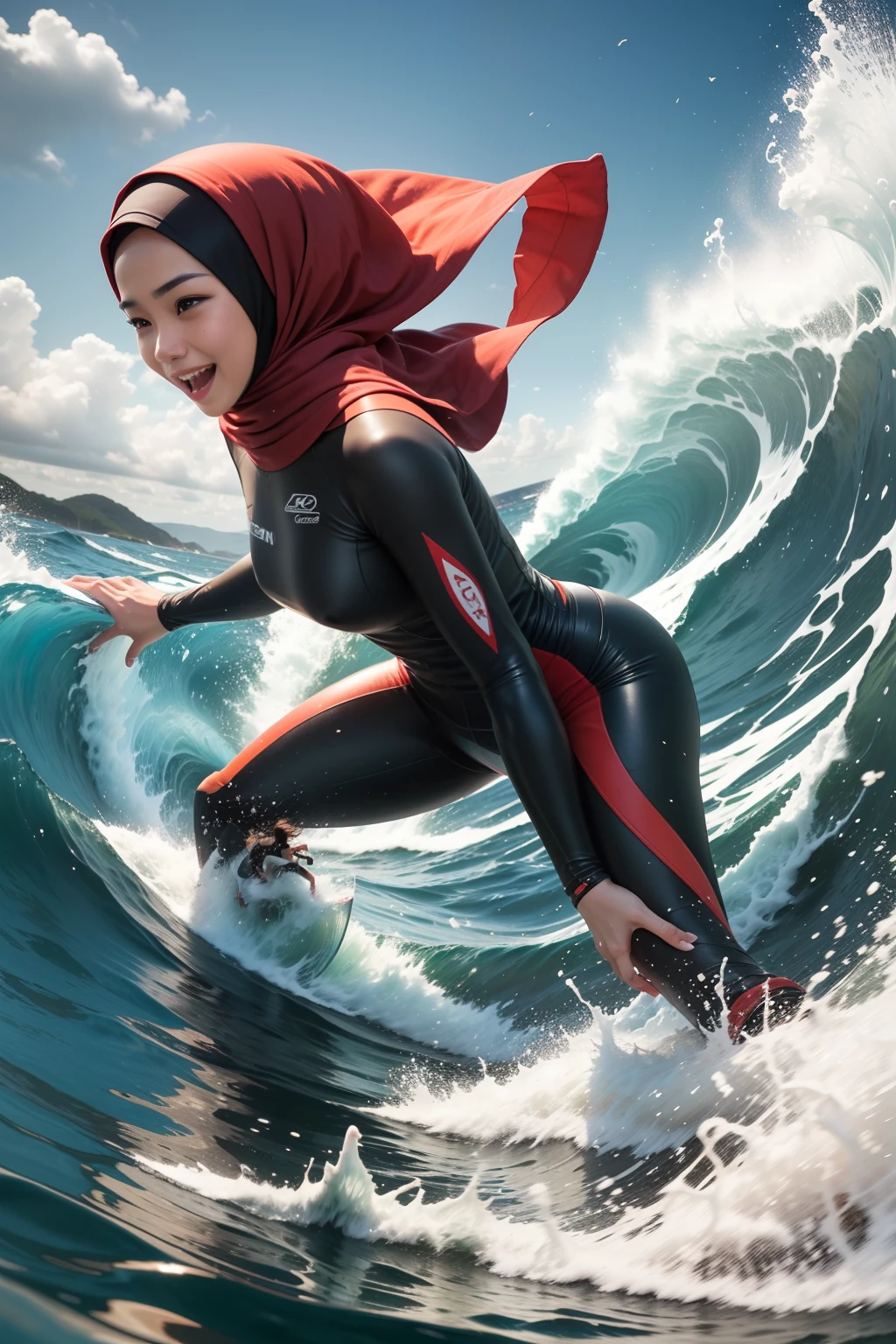 Capture the excitement of a Malay girl in hijab as she rides the waves while surfing, embracing the thrill of the ocean and the challenge of the sport