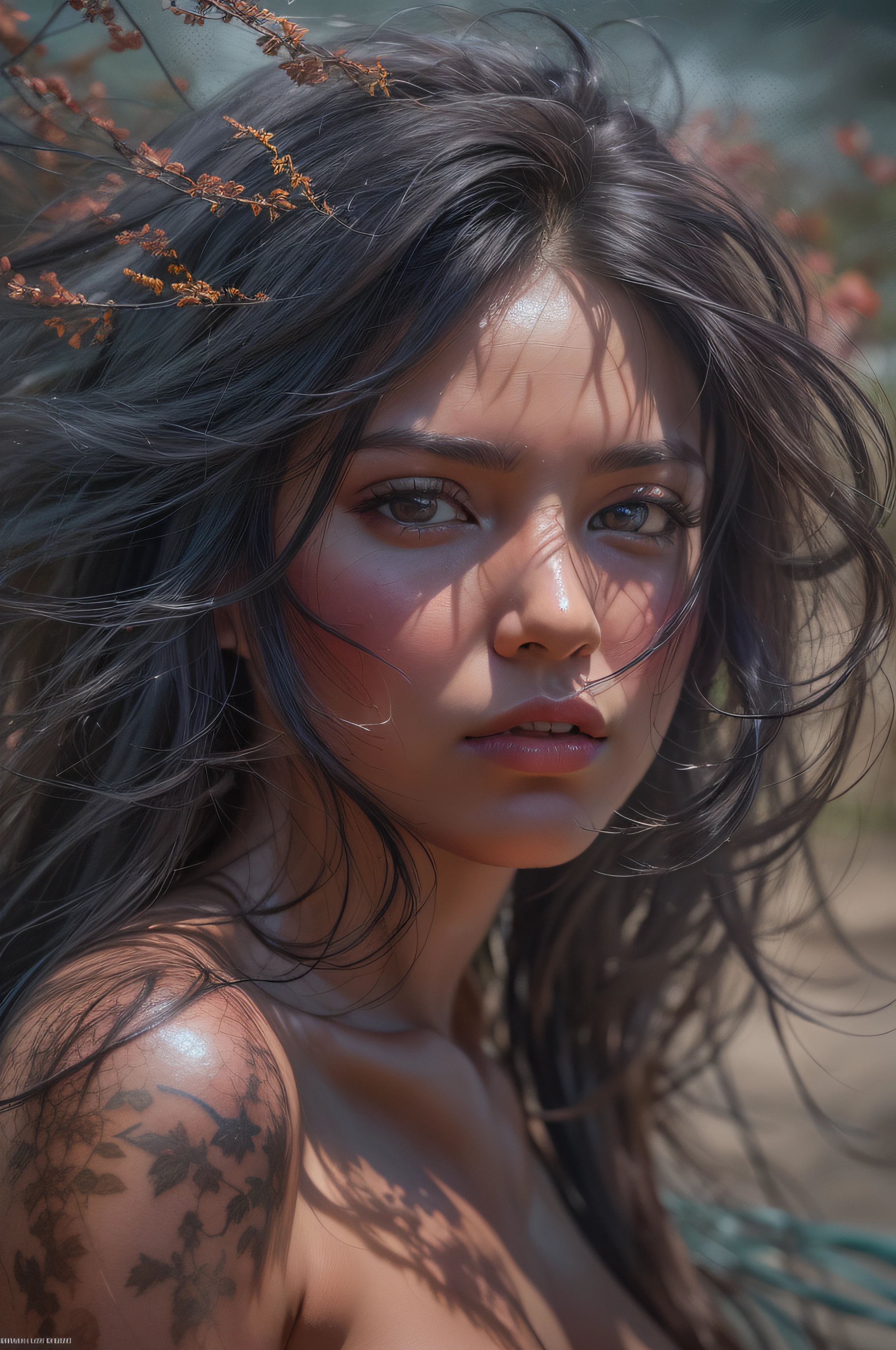 ultra realistic oil paint naked Latin American woman on the beach, very long wild black hair, breasts, full body, sun, enlightenment, she is wearing a loose deep open camisole. 4k resolution, intricately detailed, cinematic, full body, detailed symmetric eyes, intricate details, beautiful detailed intricate face, Carne Griffiths and Wadim Kashin concept art, ominous, approaching perfection, highly detailed, smooth, trending os artstation, sharp focus, digital art, perfect composition, Yadaab, hyperdetailed painting, ISO 200, 100mm, DLSR, dynamic, light studio, vibrant, art by Alyssa Monks