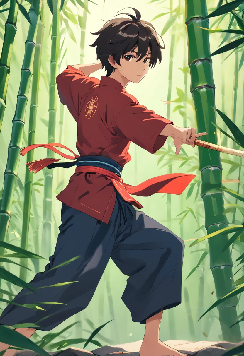 boy, 20 years old, black hair, martial arts costume, chinese martial arts, martial arts dance, red, bamboo leaves, ancient martial arts costume