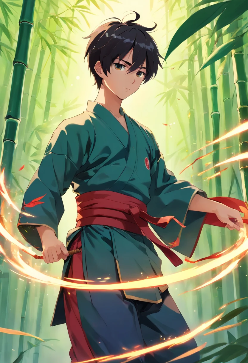 boy, 20 years old, black hair, martial arts costume, chinese martial arts, martial arts dance, red, bamboo leaves, ancient martial arts costume