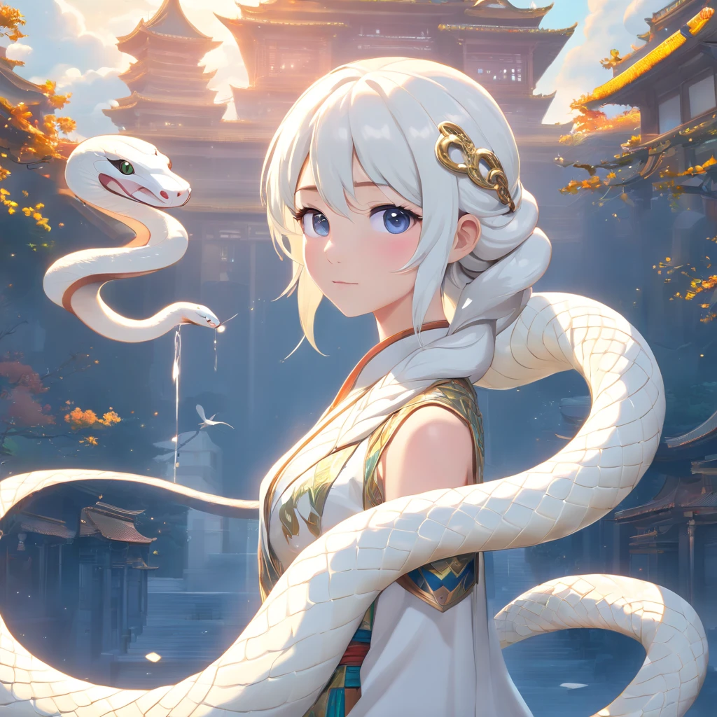 symetrical composition，Epic lighting，wind and cloud special effects，Pixar style super cute (anthropomorphic White Snake:1.5)， wearing hanfu and crystal crown, standing, charming big eyes, lovely tail, standing, surreal, super fine, luxurious, elegant standing, charming big eyes, lovely tail, standing, surreal,/imagine prompt: insanely detailed and intricate, hypermaximalist, elegant, ornate, hyper realistic, super detailed super detailed, luxurious, elegant, complex, gorgeous, illusory engine, octane rendering, 8K, VRAY surrealism