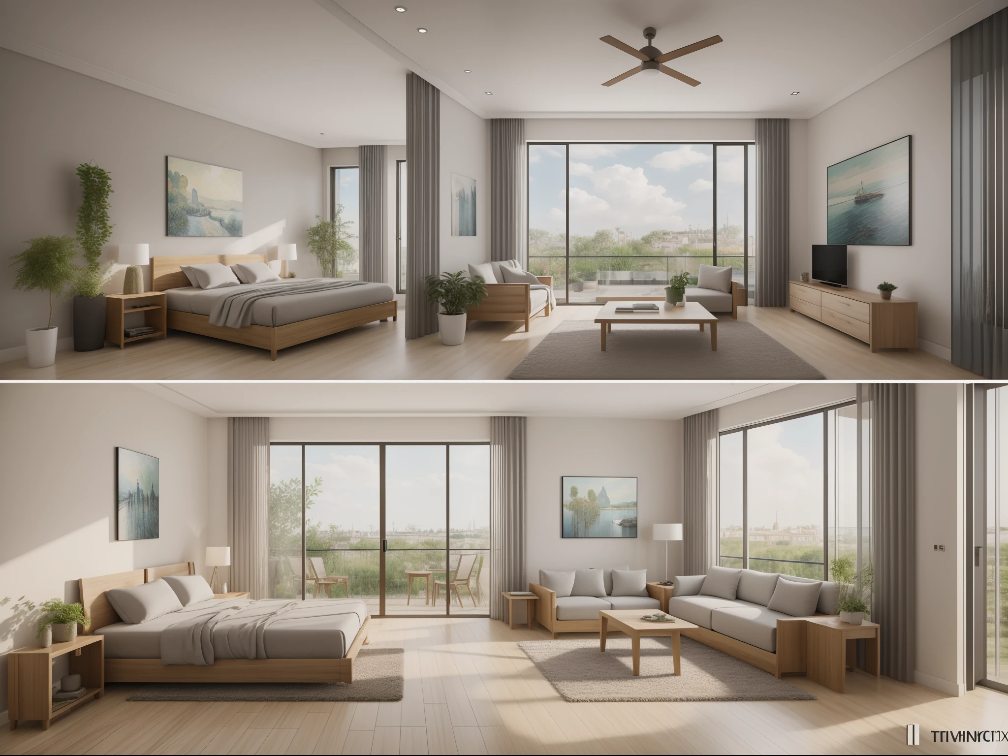 living room,bedroom for the couple, minimalist style,indoor greenery,Vincent van Gogh paintings on the wall,beautiful view outside,wooden furniture,Sony 8K camera,best quality,ultra-detailed,realistic,portraits,HDR,vivid colors,studio lighting