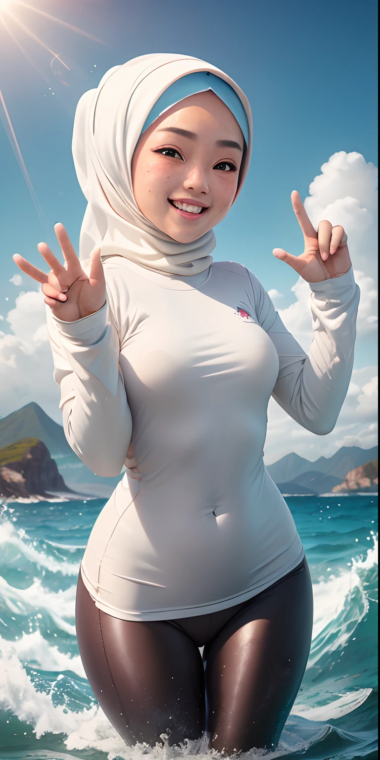 (best quality, masterpiece), 1 malay girl in hijab, paw pose, smile, laughing, ocean, long sleeve white tshirt, leggings, freckles, blush, looking at viewer, cloud, splashing, waves, sun, mountain, wet