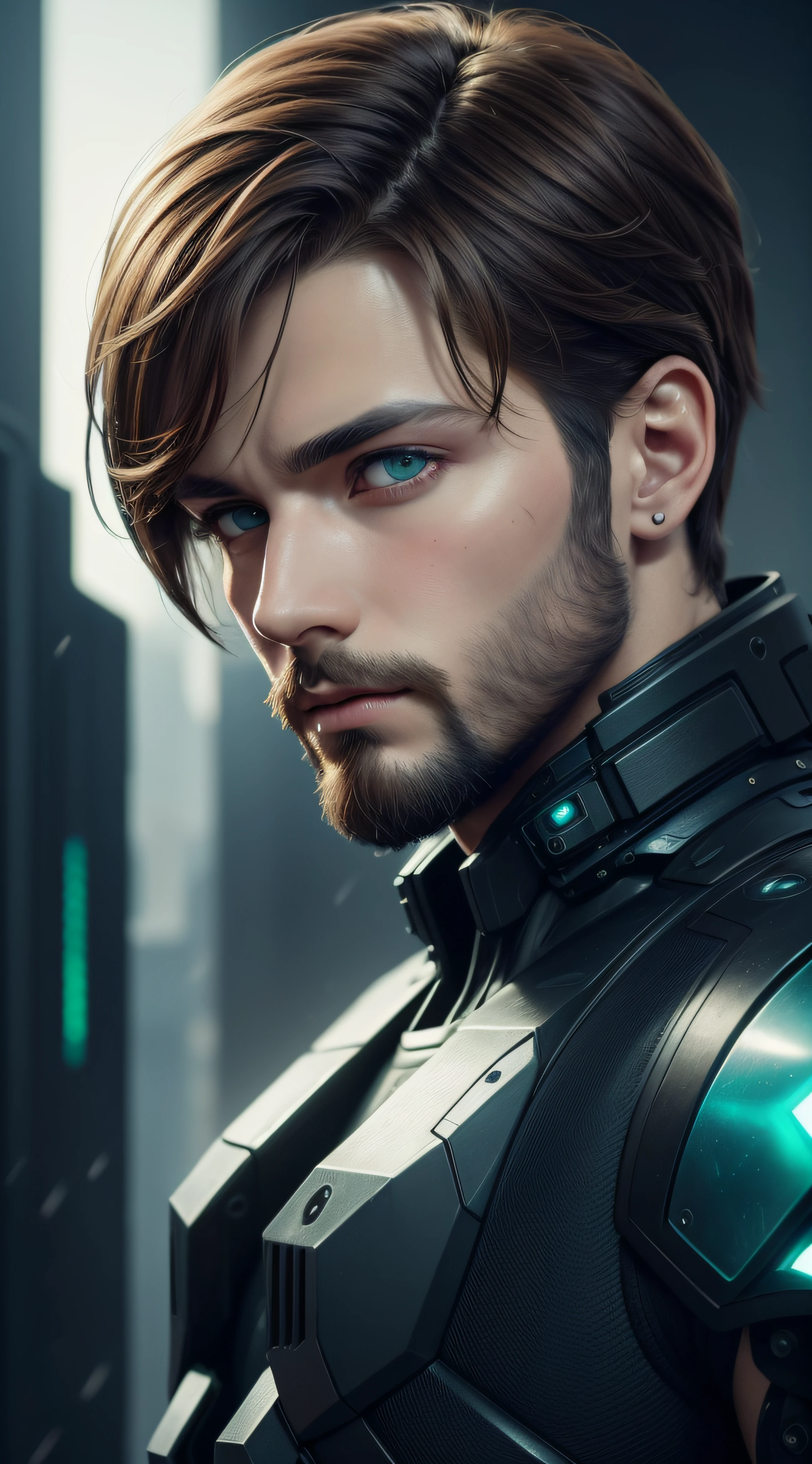 Unbeatable masterpiece, Ultra photo realsisim, Perfect artwork, Intricate details, Best quality, Strong light, High contrast, Cyberpunk, Quantum punk, Nano punk, (Machinary:1.4)(Masterpiece) , (Best quality) , (extremely detailed wallpaper CG unity 8k) , (best character detail:1.36), marshes, fantasy mix sci fi background, (delicated lines:1.24), (fantasy), (Cold light:1.2) , Color splattering , Colorful, colorful background, detailed eyes, cold eyes, detailed eyeshadows, green eyes, shiny eyes, Simple background, brown hair, 1boy, matured boy, beard, (short hair:1.3), high high quality