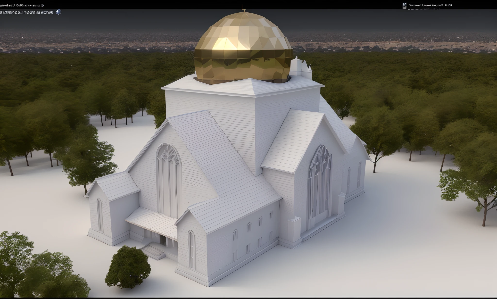 Arafed Church with a golden dome on top, surrounded by trees, Futuristic church, 3D visualization of the model, Визуализированная 3D-модель, inspired by Buckminster Fuller, Dome, High level of rendering!!, Alien Church, interplanetary cathedral, 3D-рендеры, 3D финальный рендер, 3D Rendering, 3D рендеринг, Render a 3D view, with 3D rendering