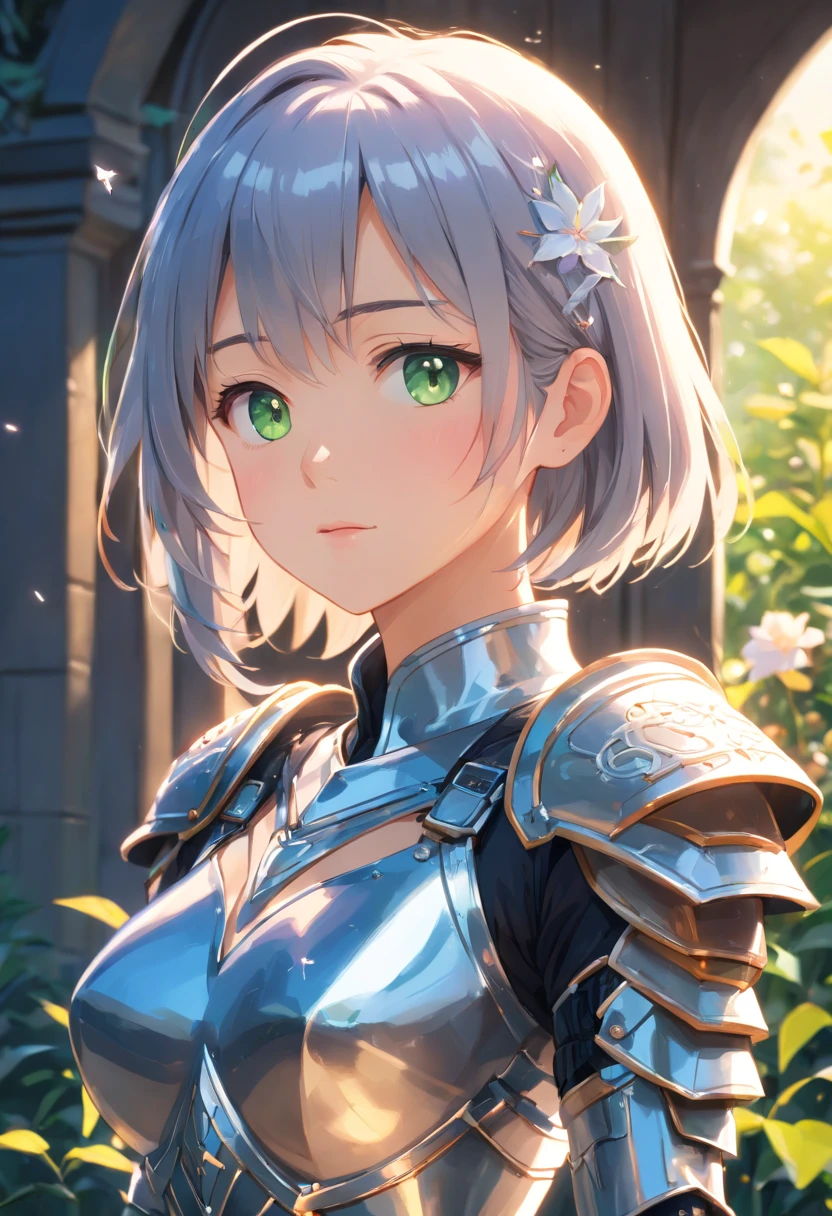 3d animation, chibi character, (masterpiece, best quality),(extremely intricate:1.3), (realistic), 1girl, milf, caucasian, green eyes, perfect eyes, perfect iris, perfect pupils, perfect lips, perfect nose, perfect hands, very detailed hands, perfect fingers, black hair, short hair, straight hair, small braid in her hair, (medieval armor), metal reflections, (((silver armor))), outdoors, far away castle, (ornately decorated armor), (insanely detailed, bloom:1.5), chainmail, intense sunlight, professional photograph of a stunning woman detailed, sharp focus, award winning, cinematic lighting, blurry background, upper body, ((confident)), (Pose:looking at the camera), shadows, contrast, clear blue sky, constellations, peaceful, serene, quiet, tranquil, remote, secluded, adventurous, exploration, escape, independence, survival, resourcefulness, challenge, perseverance, stamina, endurance, observation, intuition, adaptability, creativity, imagination, artistry, inspiration, beauty, awe, wonder, gratitude, appreciation, relaxation, enjoyment, rejuvenation, mindfulness, awareness, connection, harmony, balance, texture, detail, realism, depth, perspective, composition, color, light, shadow, reflection, refraction, tone, contrast, foreground, middle ground, background, naturalistic, figurative, representational, impressionistic, expressionistic, abstract, innovative, experimental, unique