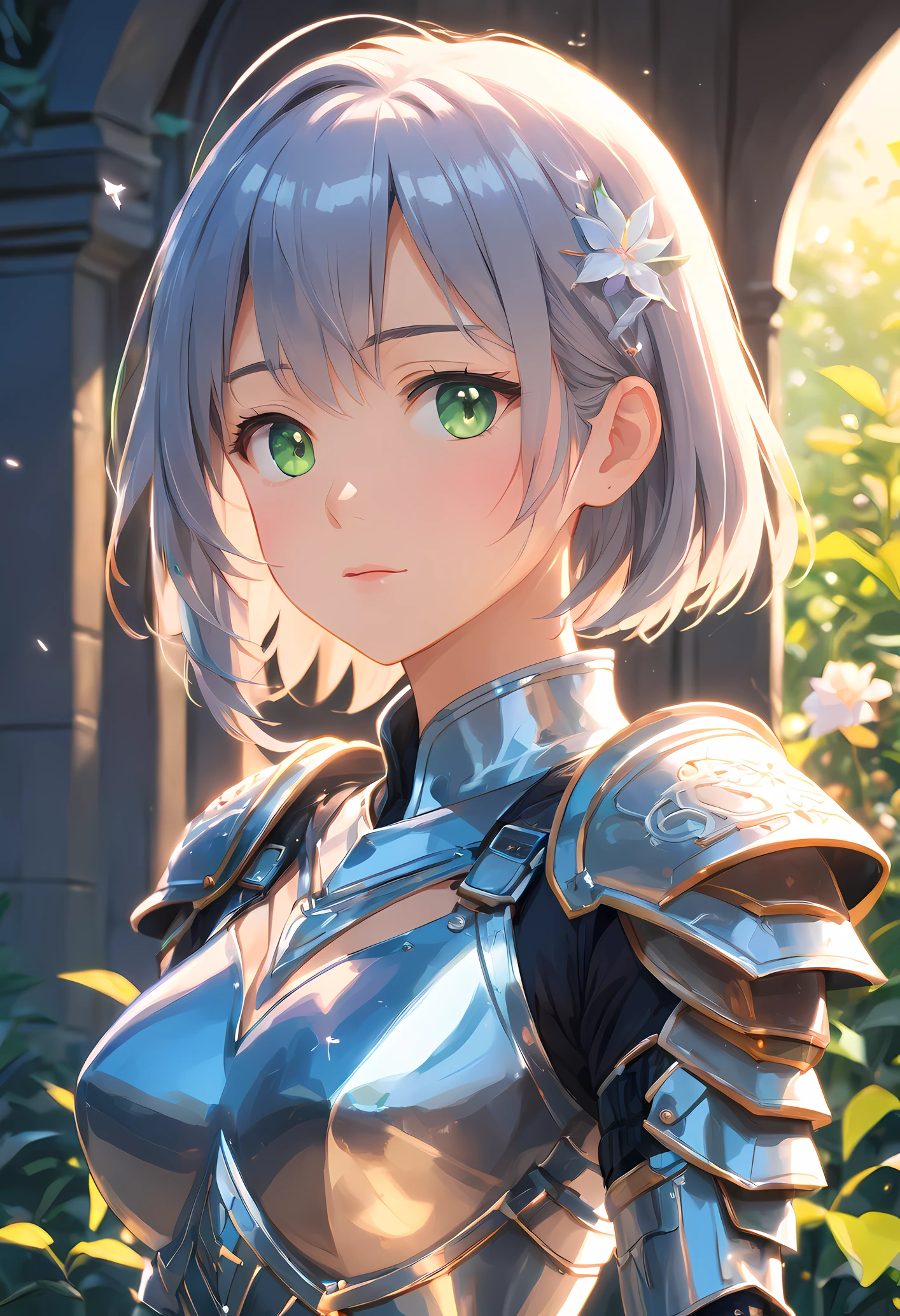 3d animation, chibi character, (masterpiece, best quality),(extremely intricate:1.3), (realistic), 1girl, milf, caucasian, green eyes, perfect eyes, perfect iris, perfect pupils, perfect lips, perfect nose, perfect hands, very detailed hands, perfect fingers, black hair, short hair, straight hair, small braid in her hair, (medieval armor), metal reflections, (((silver armor))), outdoors, far away castle, (ornately decorated armor), (insanely detailed, bloom:1.5), chainmail, intense sunlight, professional photograph of a stunning woman detailed, sharp focus, award winning, cinematic lighting, blurry background, upper body, ((confident)), (Pose:looking at the camera), shadows, contrast, clear blue sky, constellations, peaceful, serene, quiet, tranquil, remote, secluded, adventurous, exploration, escape, independence, survival, resourcefulness, challenge, perseverance, stamina, endurance, observation, intuition, adaptability, creativity, imagination, artistry, inspiration, beauty, awe, wonder, gratitude, appreciation, relaxation, enjoyment, rejuvenation, mindfulness, awareness, connection, harmony, balance, texture, detail, realism, depth, perspective, composition, color, light, shadow, reflection, refraction, tone, contrast, foreground, middle ground, background, naturalistic, figurative, representational, impressionistic, expressionistic, abstract, innovative, experimental, unique