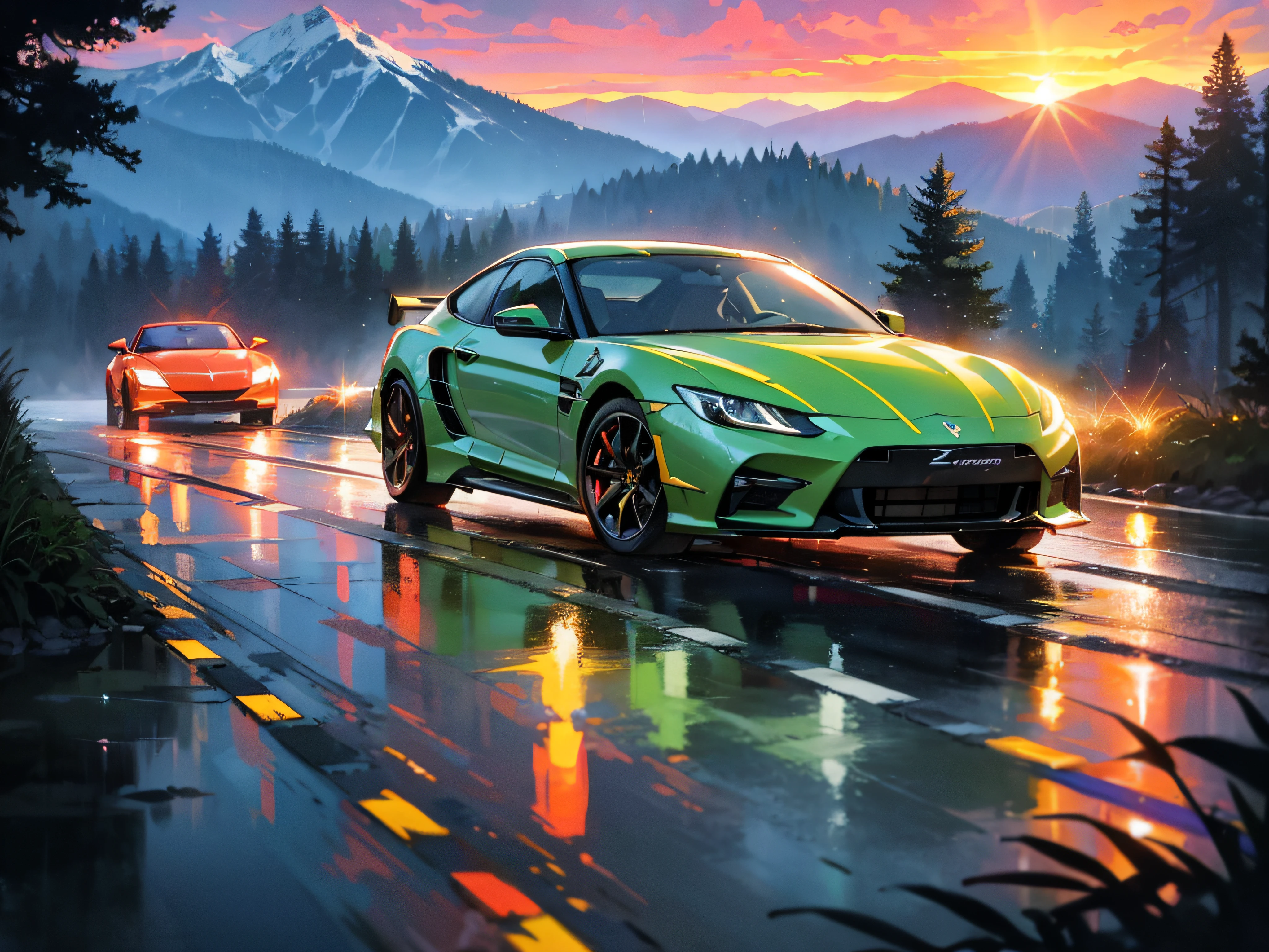 Car, car, sport car, wet road, in the forest, nature, expensive car, z crystals, sea, mountains, amazing sunset, graceful, dynamic bright lighting, happiness, full color, multicolor, artful, supreme detail, super quality, fine details, highlights, neon lights, masterpiece, best colors
