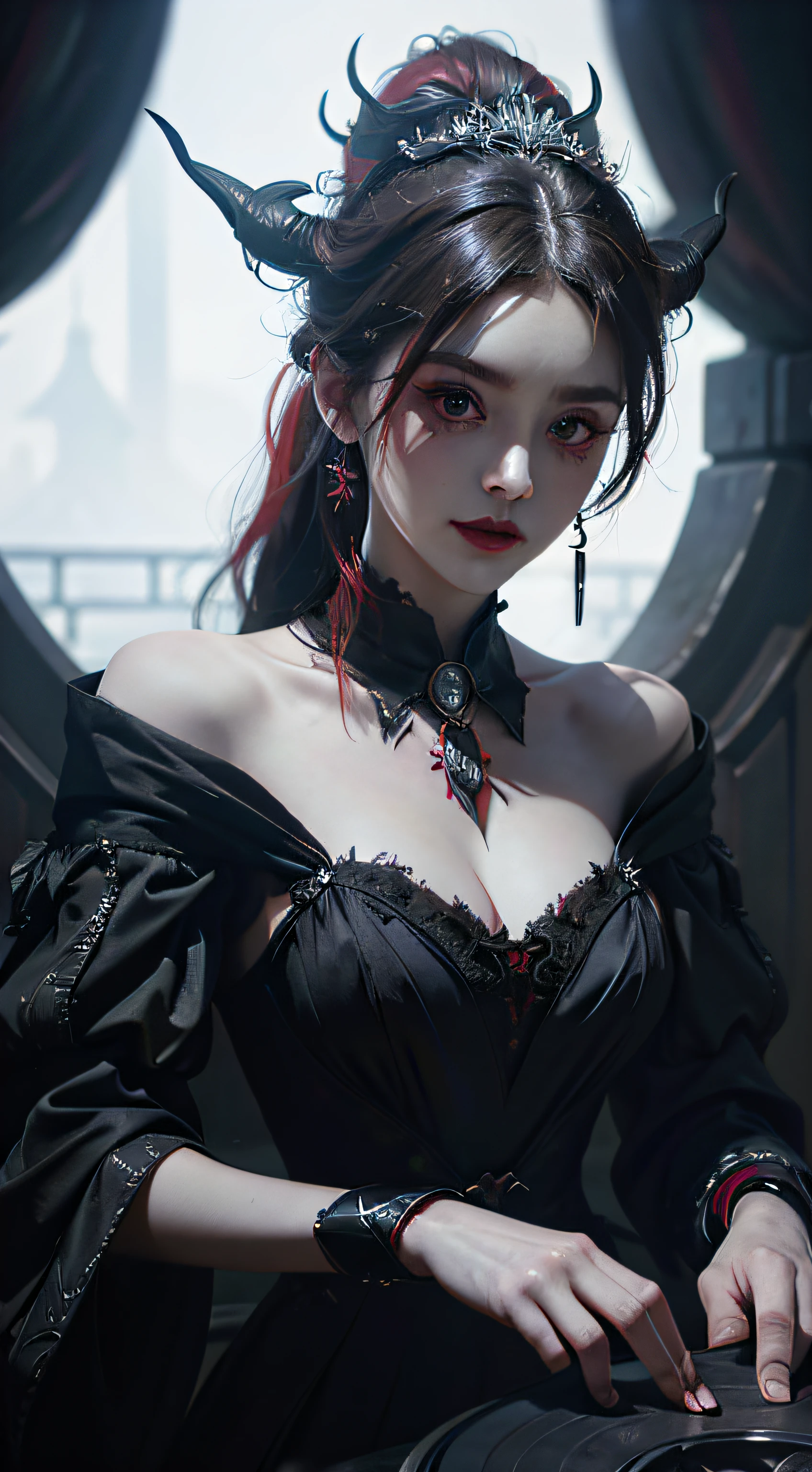 1 beautiful devil woman from hell, In the Dark: 1.6), surreal female portrait by David Hockney and Alphonse Mucha, fantasy art, korea doll, photorealism, dynamic lighting, artstation, poster, volumetric lighting, very detailed faces, 8k ultra, Awarded, in the dark, deep shadow, low key, cowboy lens, (Red phoenix dress: 1.4), long hair, black hair, bust, luxurious palace, Royal style, devil crown, red eyes make up very sharp and detailed, The most beautiful face, The breasts are very big and round and round, Super realistic, chinese women's clothing, polo neck sweater, Charming smile, The eyes are very well made up, guweiz, devil style, wearing black mesh socks, Ponytail with a bow tied at the back of the hair, Red black lips, Devil tattoo on shoulder, wearing a thin red and black robe, the landscape is overcast and thunderous, (Portrait), Close-up of the main character, (Background details 1.8),