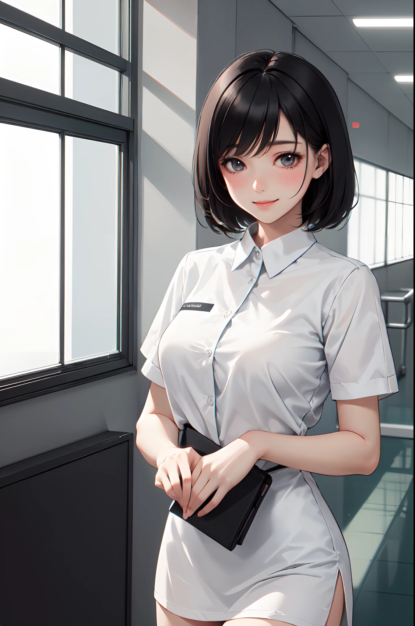 Indoor Hospital Corridor, 1 Female Soloner, /(Black short hair/), /(Simple uniform/), blush gentle smile, (masterpiece best quality:1.3) Delicate illustrations ultra-detailed high resolution, Large breasts