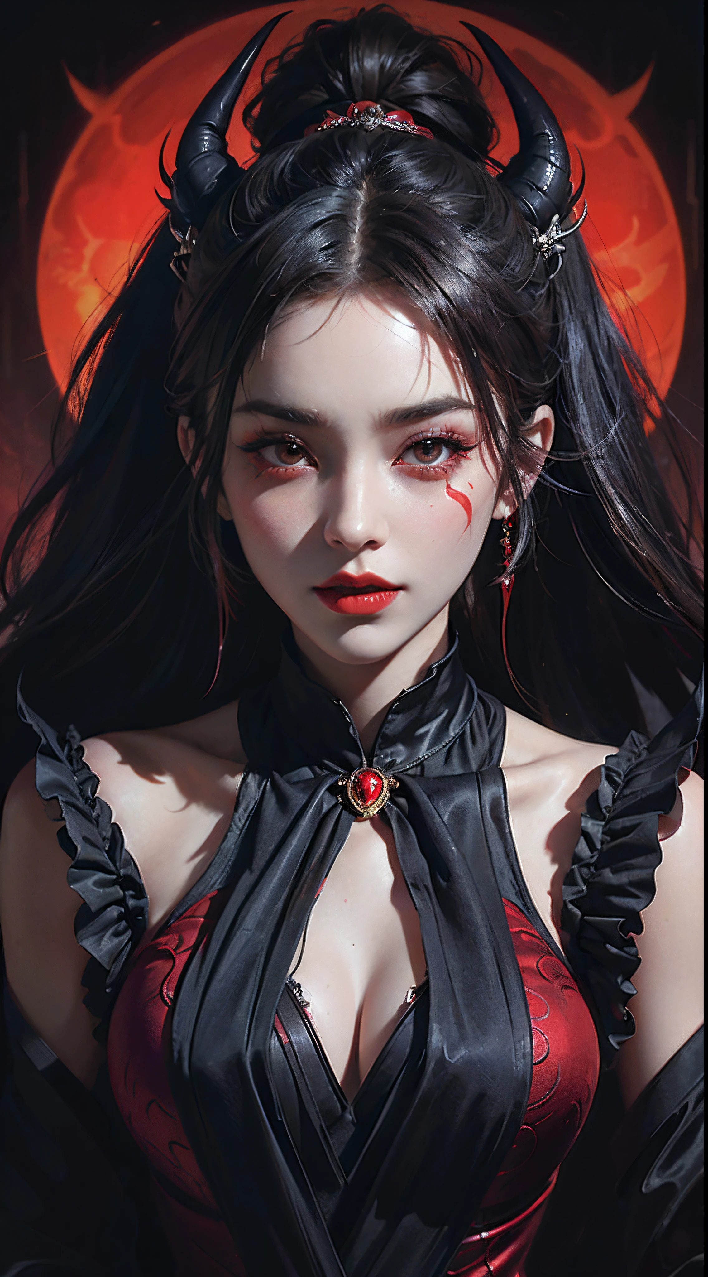 1 beautiful devil woman from hell, In the Dark: 1.6), surreal female portrait by David Hockney and Alphonse Mucha, fantasy art, korea doll, photorealism, dynamic lighting, artstation, poster, volumetric lighting, very detailed faces, 8k ultra, Awarded, in the dark, deep shadow, low key, cowboy lens, (Red phoenix dress: 1.4), long hair, black hair, bust, luxurious palace, Royal style, devil crown, red eyes make up very sharp and detailed, The most beautiful face, The breasts are very big and round and round, Super realistic, chinese women's clothing, polo neck sweater, Charming smile, The eyes are very well made up, guweiz, devil style, wearing black mesh socks, Ponytail with a bow tied at the back of the hair, Red black lips, Devil tattoo on shoulder, wearing a thin red and black robe, the landscape is overcast and thunderous, (Portrait), Close-up of the main character, (Background details 1.8),
