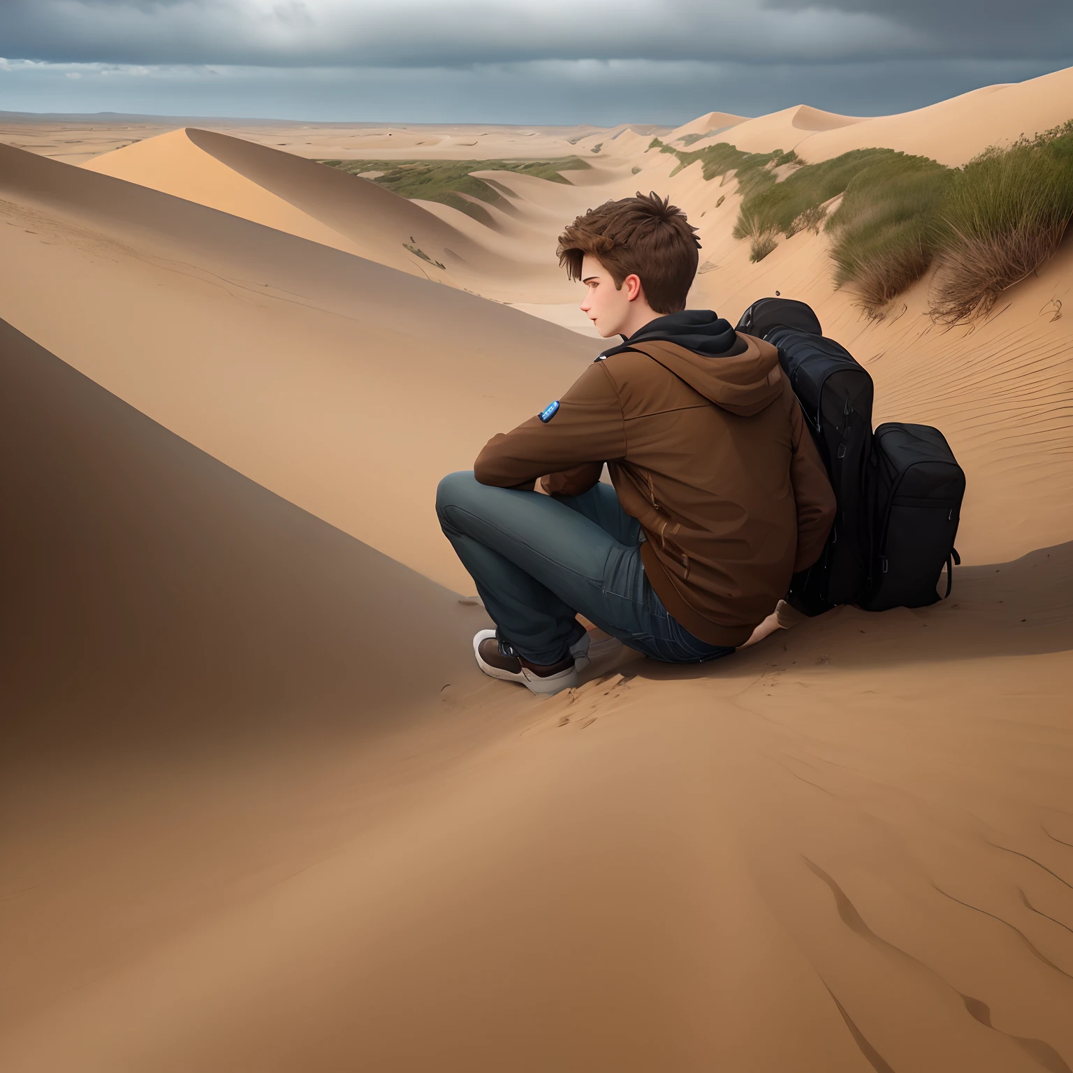 19 yo guy, with (brown) hair, seen from behind, watching beautiful road and raining weather day, very big dunes, ultra realism, 8k, masterpiece, zoom out