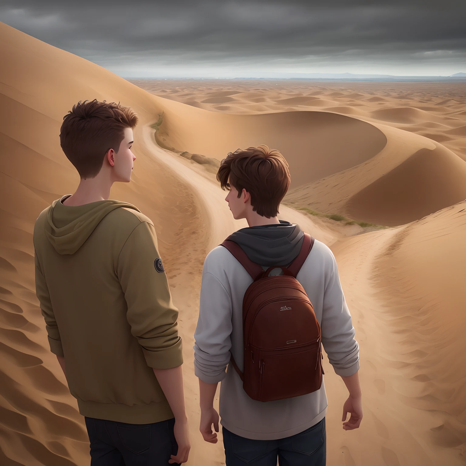 19 yo guy, with (brown) hair, seen from behind, watching beautiful road and raining weather day, very big dunes, ultra realism, 8k, masterpiece, zoom out