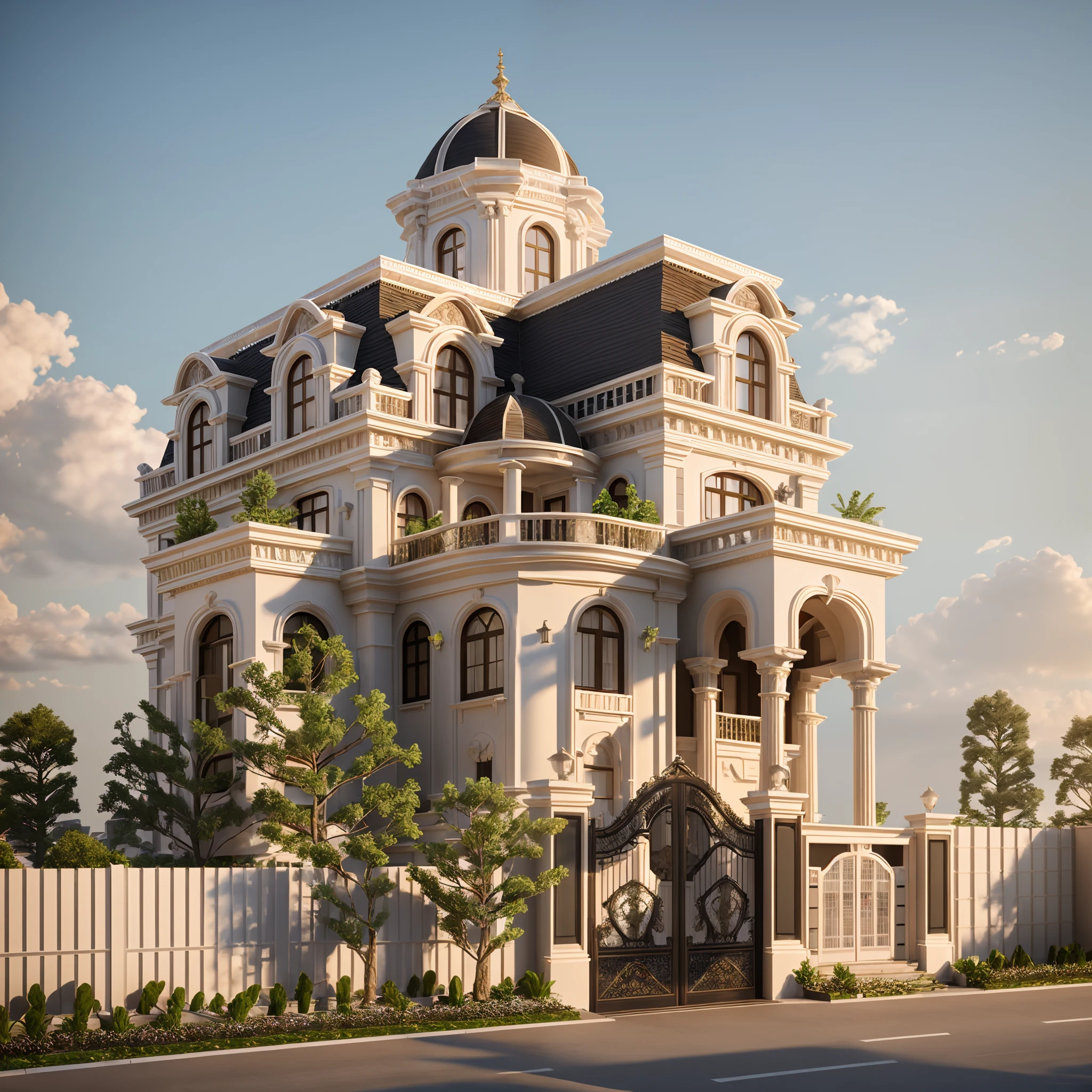 RAW photo, masterpiece, arafed house with a car parked in front of it, neo - classical style, rendered in lumion pro, classicism style, classicism artstyle, lumion render, rendered in lumion, architectural visualization, neoclassical style, in style of classicism, white light sun, rendered in vray, rendered in v-ray, rendered in unreal engine 3d, (photorealistic:1.2), best quality, ultra high res, exterior, architechture,modern house,(white wall:1.5), (detail gate black:1.4), (photorealistic:1.5), best quality, ultra high res, exterior,architechture,neoclassic house,(white wall:1.2), (detailed reliefs:1.2), (The front 1st floor has 4 windows), (the right side 1st floor has 4 windows), (the main side has three-step stairs), (the right side has three-step stairs) ,glass windows,,trees,traffic road, blue sky,in the style of realistic hyper-detailed rendering, luxury neoclassical villa, in the style of neoclassical scene, glass windows, (white navy roof:1.2), best quality, (straight strokedetail:1.1) roof top, (Intricate lines:1.5), ((Photorealism:1.5)),(((hyper detail:1.5))), archdaily, award winning design, (dynamic light:1.3), (night light:1.2), (perfect light:1.3), (shimering light :1.4),  refection glass windows, (curved line architecture arch:1.2), trees, beautiful sky, photorealistic, FKAA, TXAA, RTX, SSAO, Post Processing, Post-Production, CGI, VFX, SFX, Full color,((Unreal Engine 5)), Canon EOS R5 Camera + Lens RF 45MP full-frame CMOS sensor, HDR, Realistic,8k,((Unreal Engine 5)), Cinematic intricate detail, extreme detail, science, hyper-detail, FKAA, super detail, super realistic, crazy detail, intricate detail, nice color grading, reflected light on glass, eye-catching wall lights, unreal engine 5, octane render, cinematic, trending on artstation, High-fidelity, Viwvid, Crisp, Sharp, Bright, Stunning, ((Lifelike)), Natural, ((Eye-catching)), Illuminating, Flawless, High-quality,Sharp edge rendering, medium soft lighting, photographic render, detailed archviz