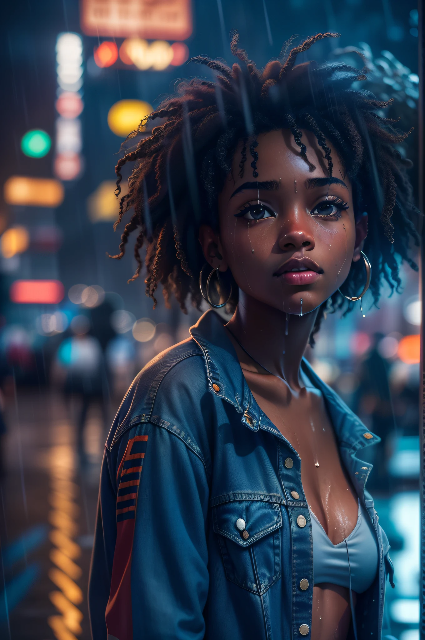 Photograph of 18 year old African American girl in the rain, wet body, in a skirt and short denim jacket, in a neon night city, Angle from top to bottom, 8k ultra realistic