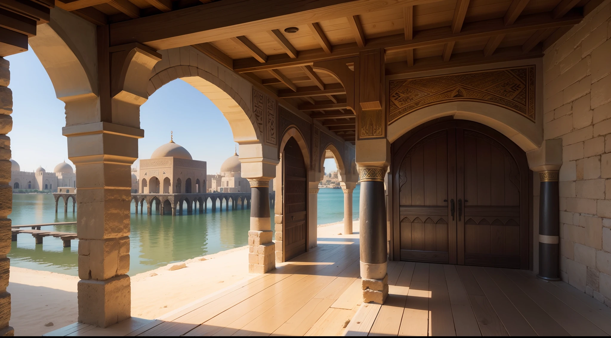 dock, exterior or interior, 15th century, medieval, muslim world, arabia or egypt or Maghreb, simple but detailed